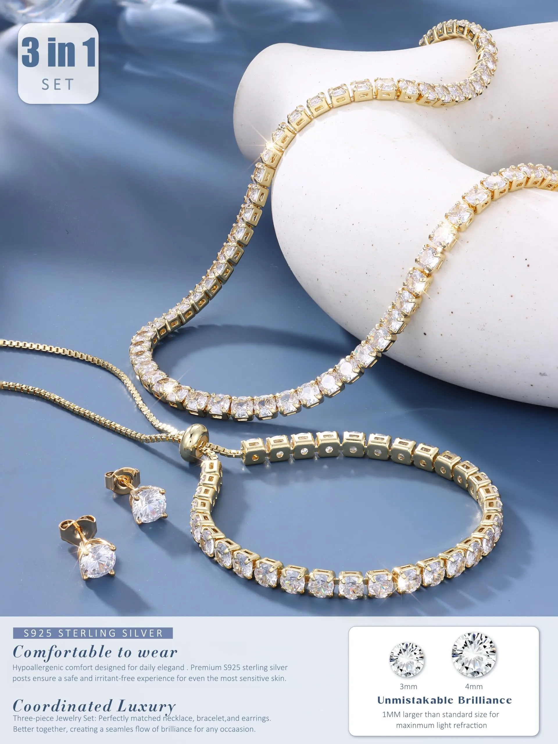 Diamday Set di Gioielli in Argento 925 con Zirconi Cubici, Collana Tennis, Bracciale e Orecchini a Lobo - immagine 6