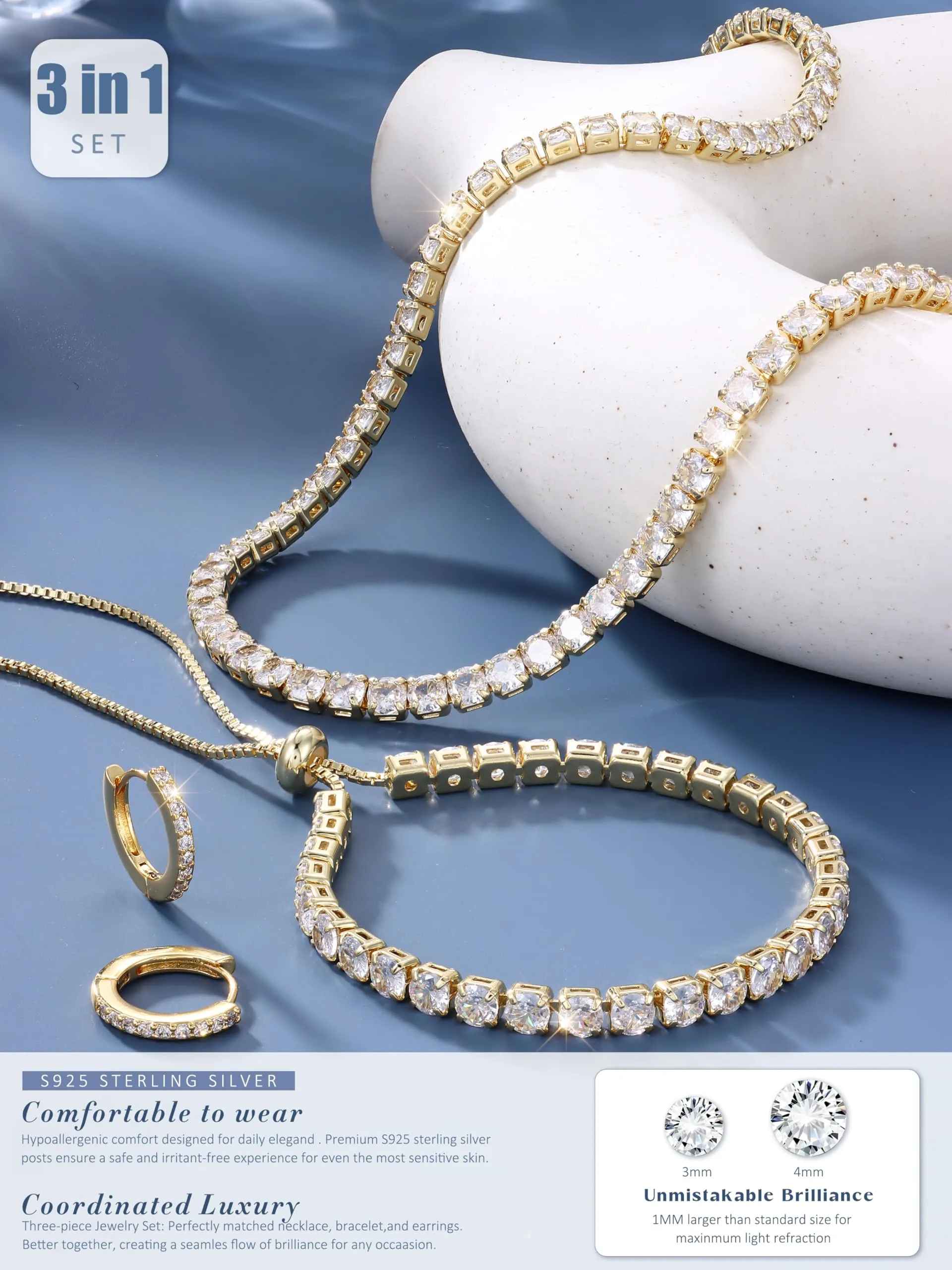 Diamday Set di Gioielli in Argento 925 con Zirconi Cubici, Collana Tennis, Bracciale e Orecchini a Lobo - immagine 6