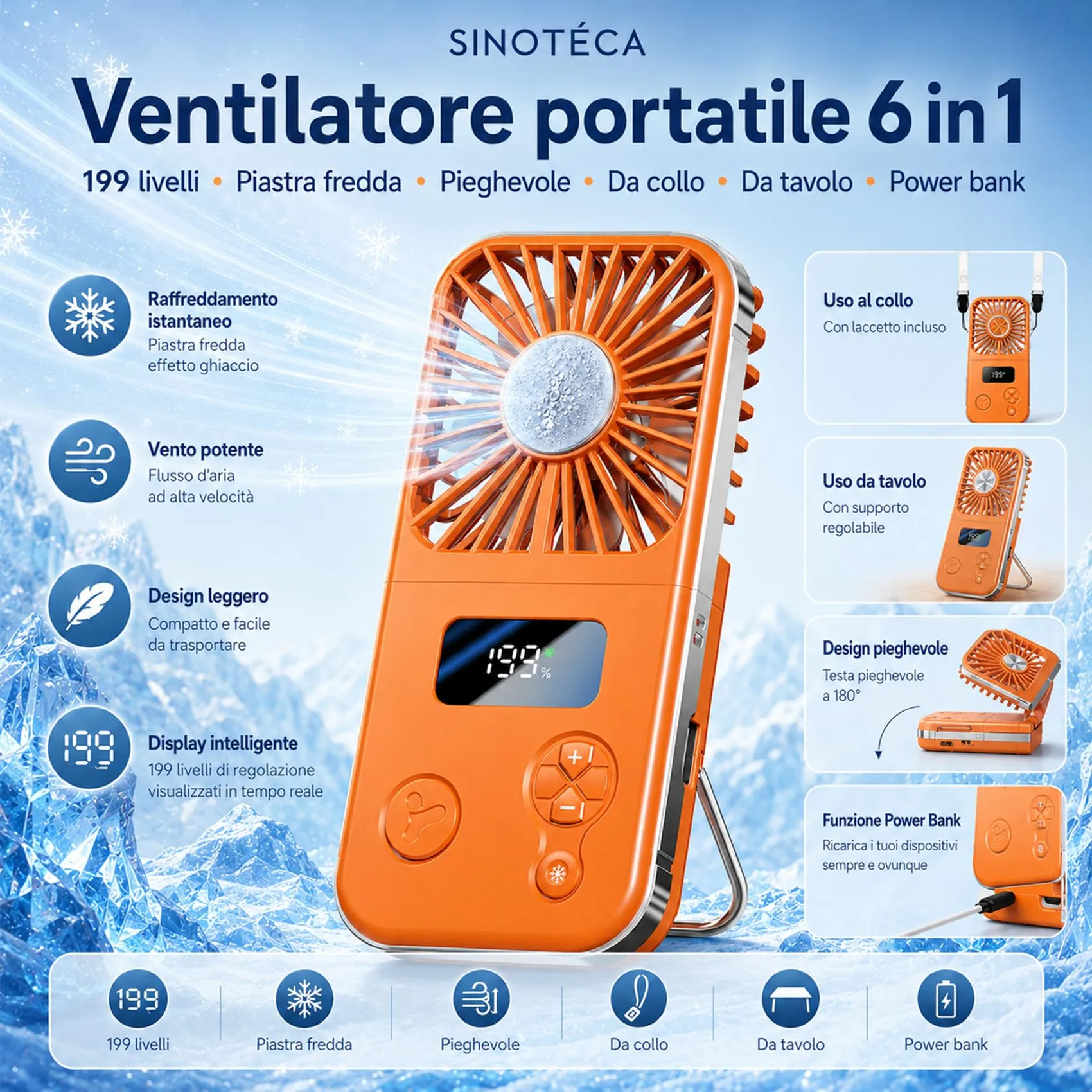 SINOTE'CA Ventilatore Portatile con Piastra Fredda, Pieghevole, USB Ricaricabile, 5 Livelli di Velocità, da Collo e da Tavolo, con Funzione Power Bank - immagine 2