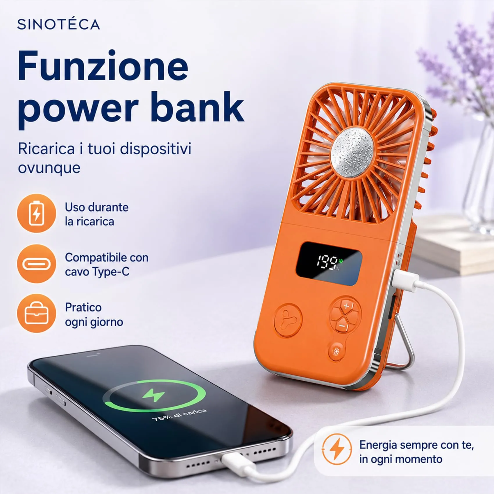 SINOTE'CA Ventilatore Portatile con Piastra Fredda, Pieghevole, USB Ricaricabile, 5 Livelli di Velocità, da Collo e da Tavolo, con Funzione Power Bank - immagine 3