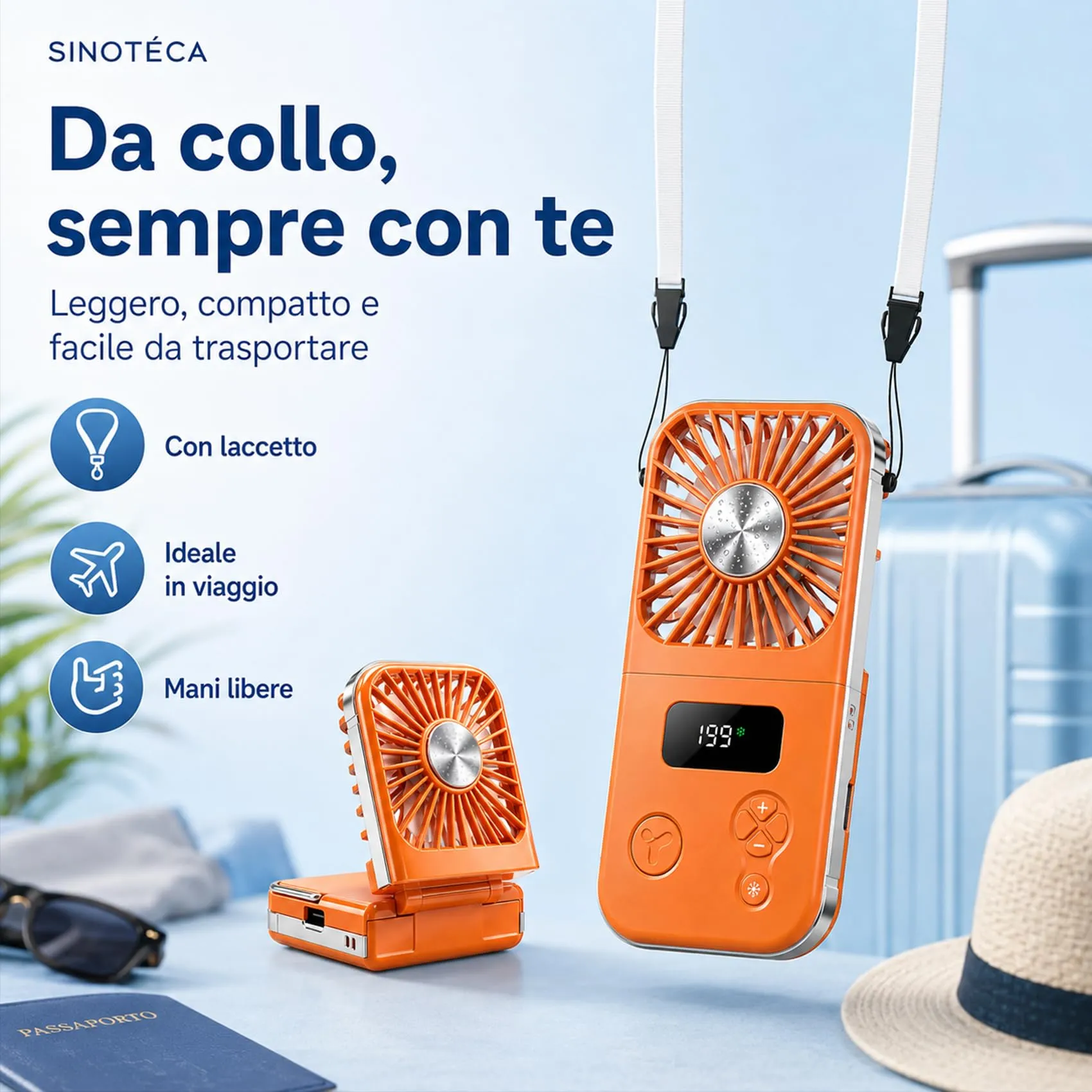 SINOTE'CA Ventilatore Portatile con Piastra Fredda, Pieghevole, USB Ricaricabile, 5 Livelli di Velocità, da Collo e da Tavolo, con Funzione Power Bank - immagine 4