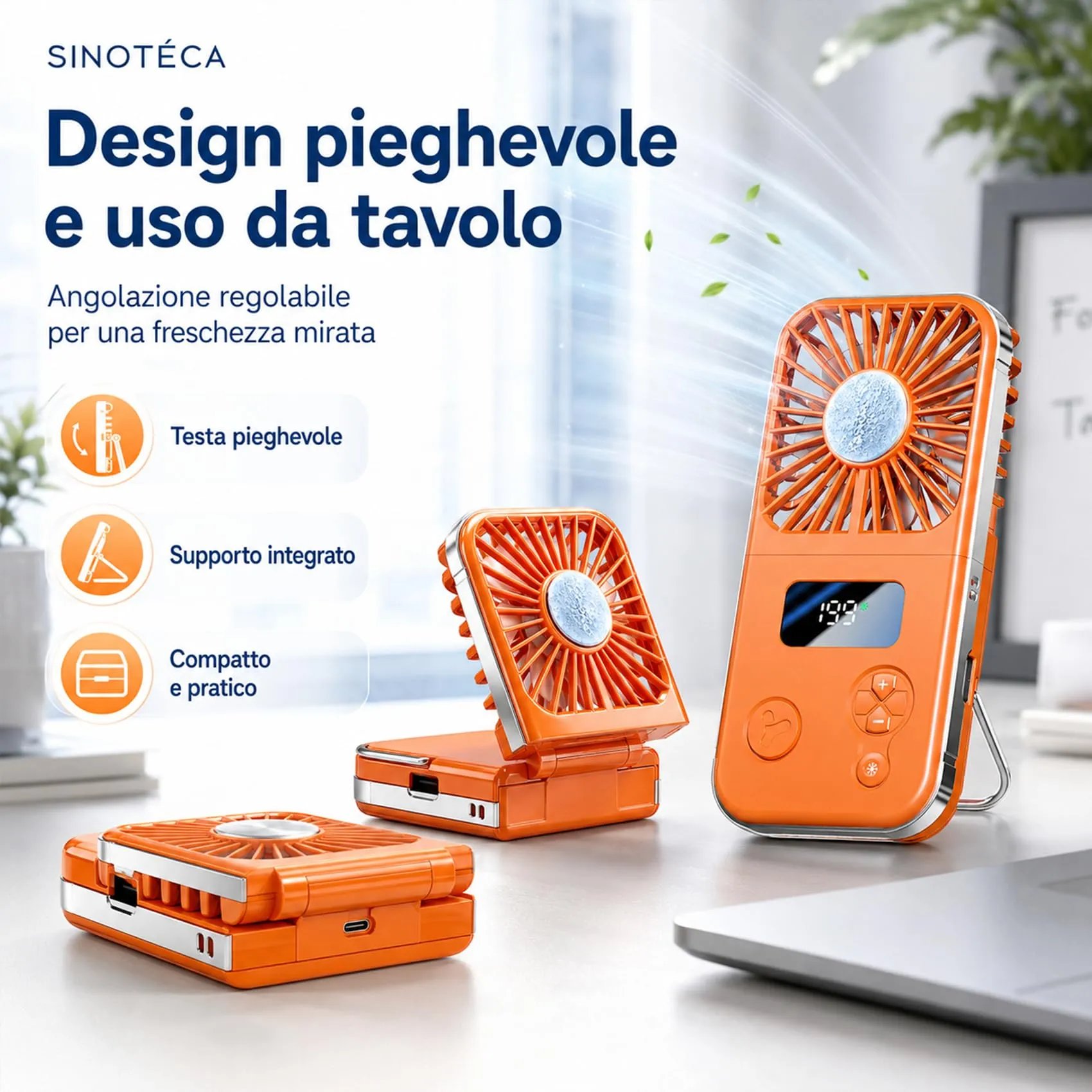 SINOTE'CA Ventilatore Portatile con Piastra Fredda, Pieghevole, USB Ricaricabile, 5 Livelli di Velocità, da Collo e da Tavolo, con Funzione Power Bank - immagine 7