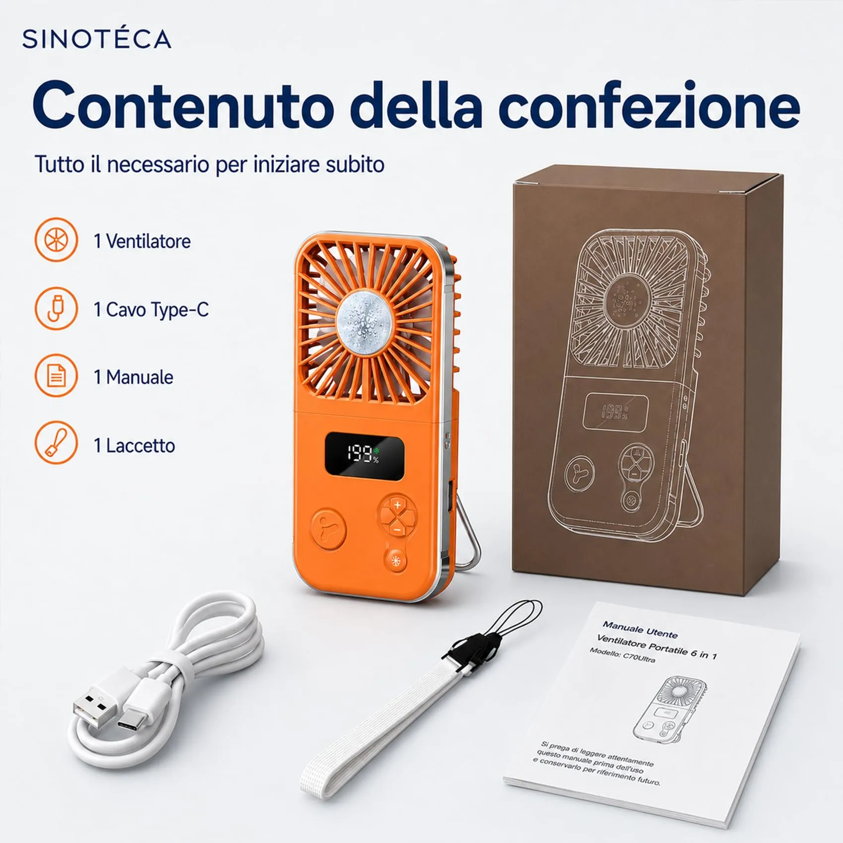SINOTE'CA Ventilatore Portatile con Piastra Fredda, Pieghevole, USB Ricaricabile, 5 Livelli di Velocità, da Collo e da Tavolo, con Funzione Power Bank - immagine 8