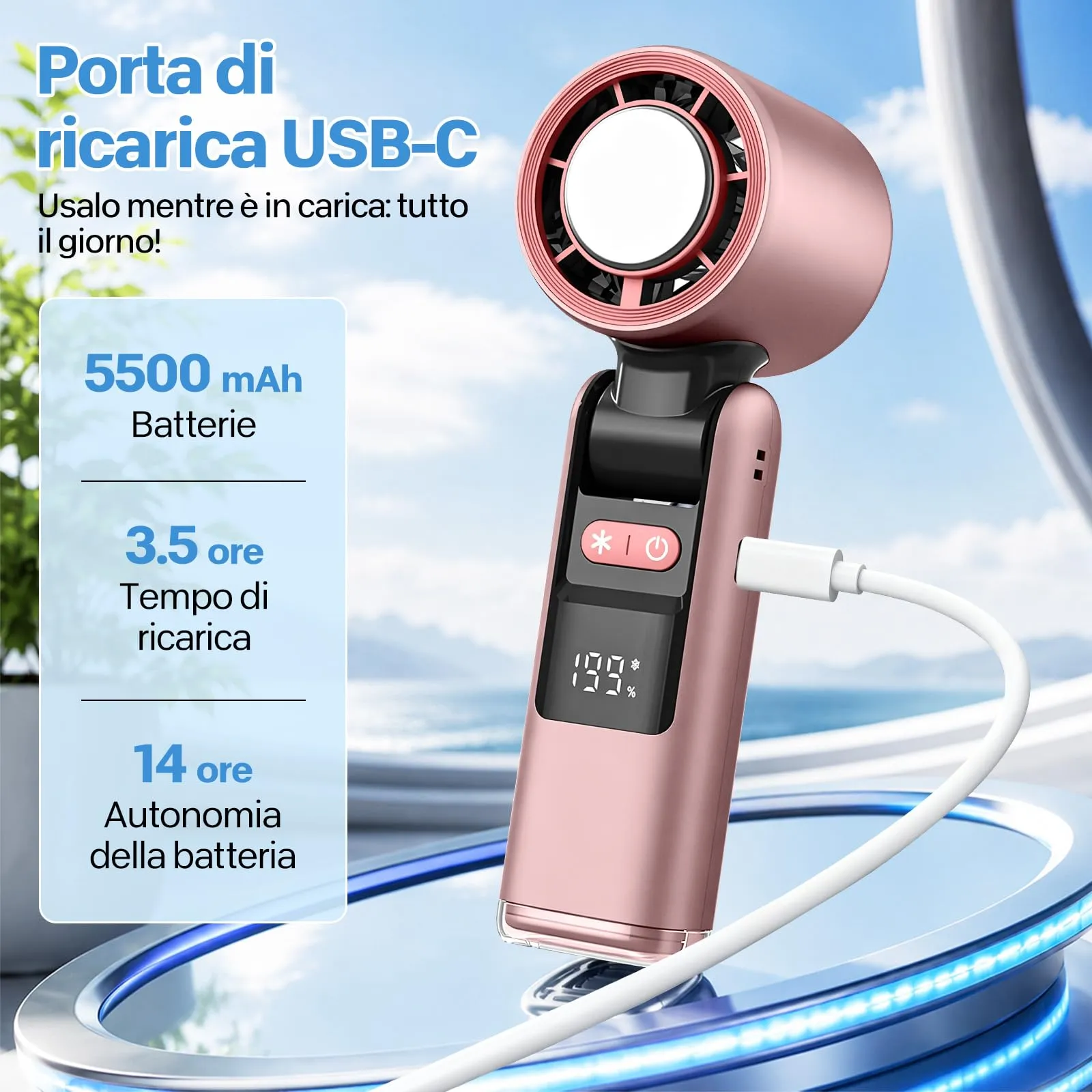 VHV Ventilatore portatile turbo a mano, 1-199 velocità, batteria 5500 mAh, display LED, pieghevole, JF138 - immagine 3