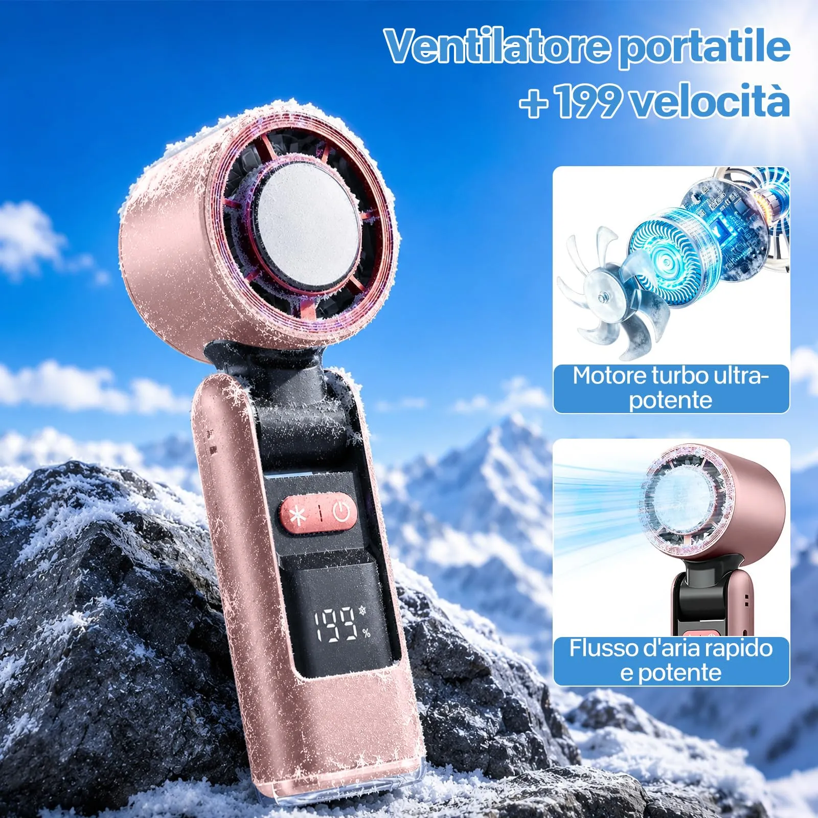 VHV Ventilatore portatile turbo a mano, 1-199 velocità, batteria 5500 mAh, display LED, pieghevole, JF138 - immagine 4