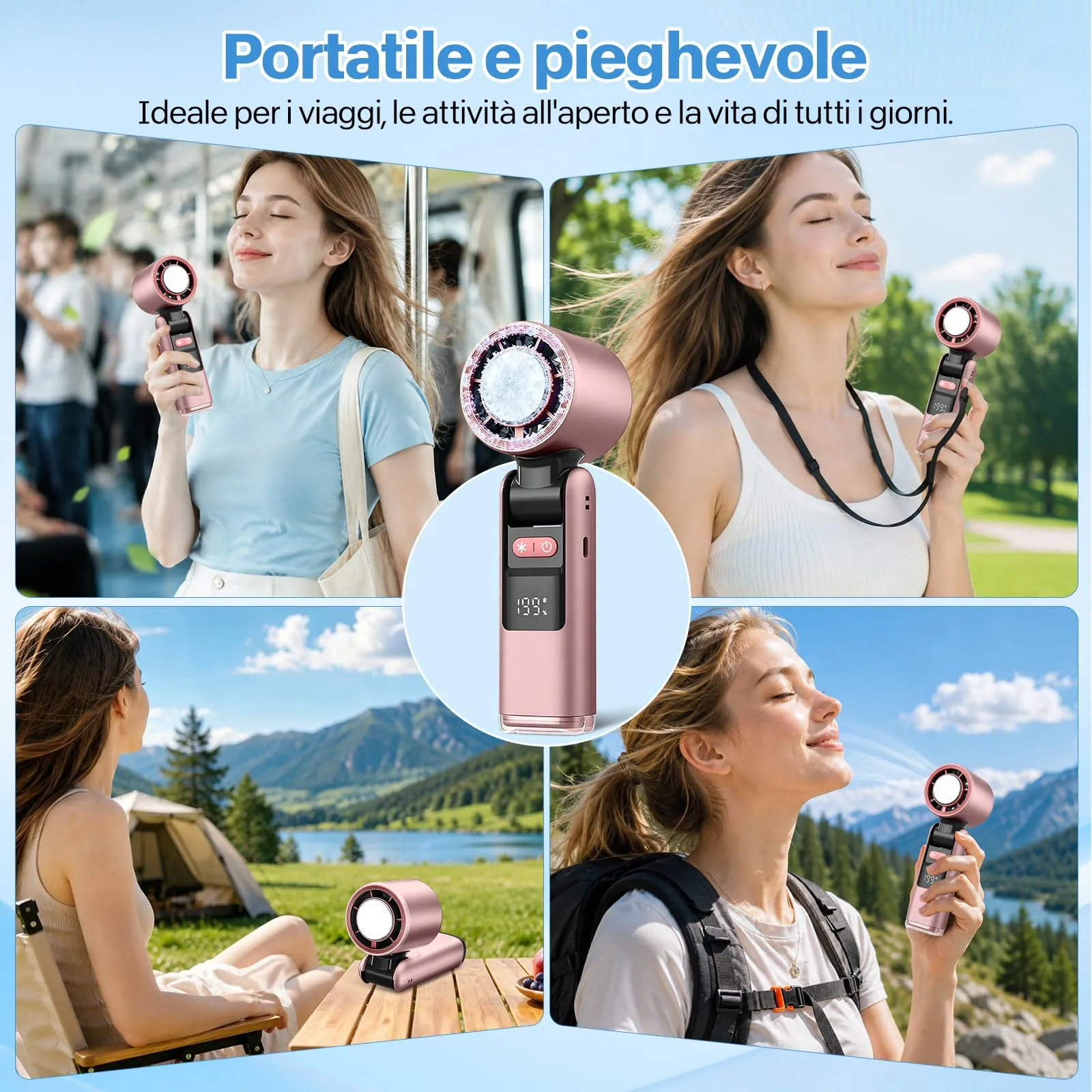 VHV Ventilatore portatile turbo a mano, 1-199 velocità, batteria 5500 mAh, display LED, pieghevole, JF138 - immagine 5