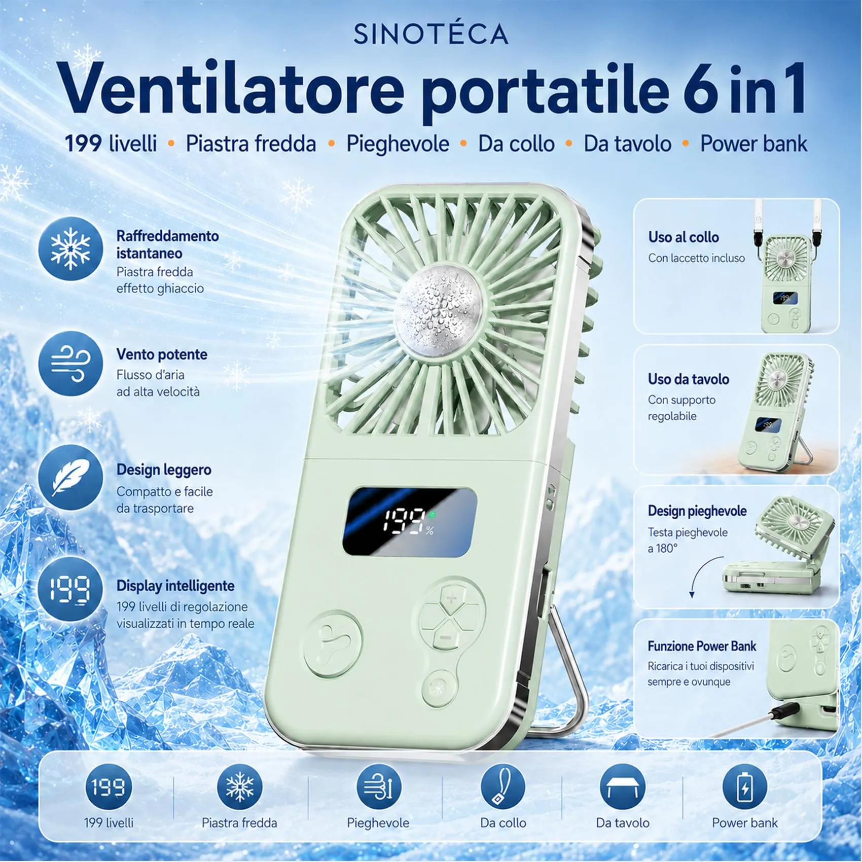 SINOTE'CA Ventilatore Portatile con Piastra Fredda, Pieghevole, USB Ricaricabile, 5 Livelli di Velocità, Funzione Power Bank - immagine 2