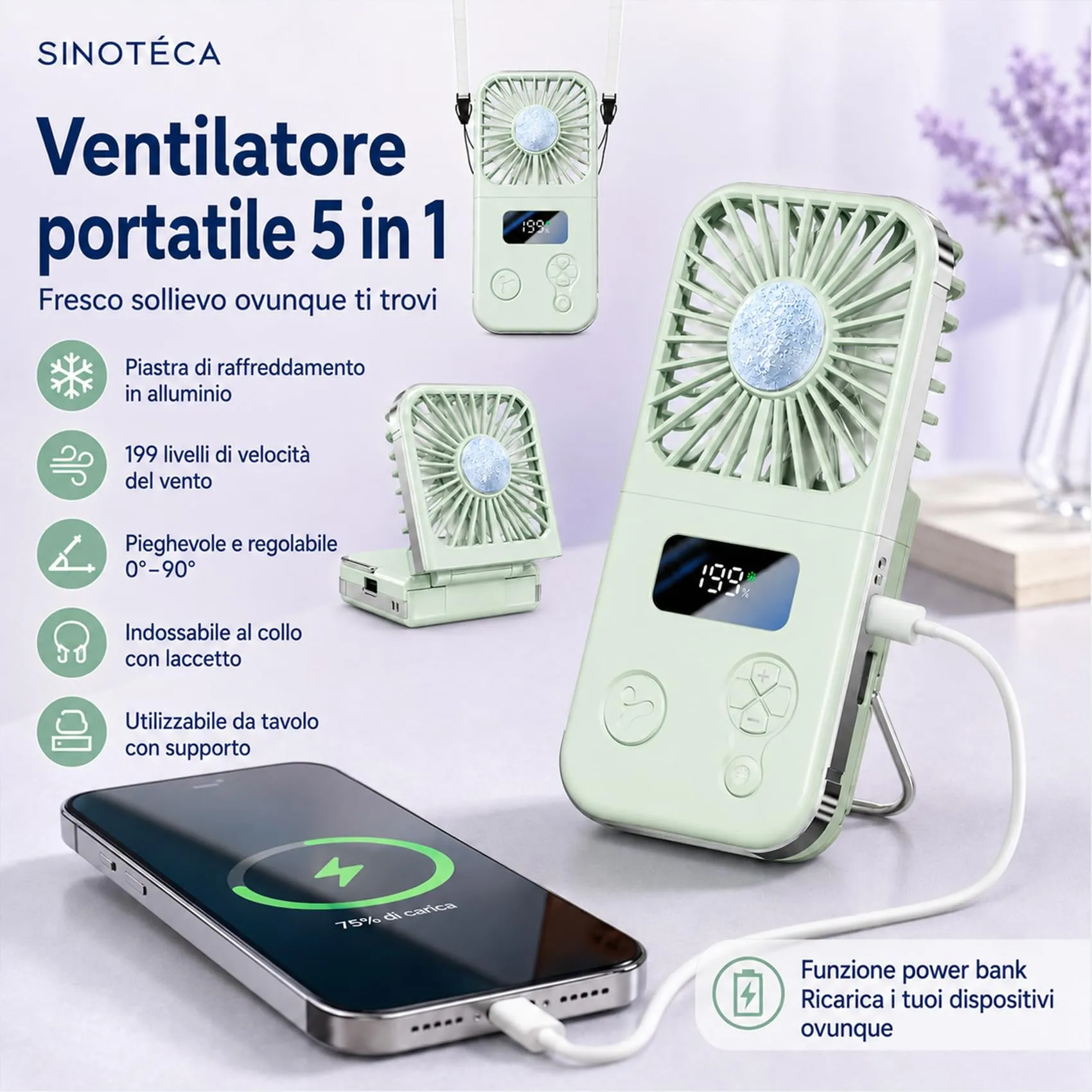 SINOTE'CA Ventilatore Portatile con Piastra Fredda, Pieghevole, USB Ricaricabile, 5 Livelli di Velocità, Funzione Power Bank - immagine 3