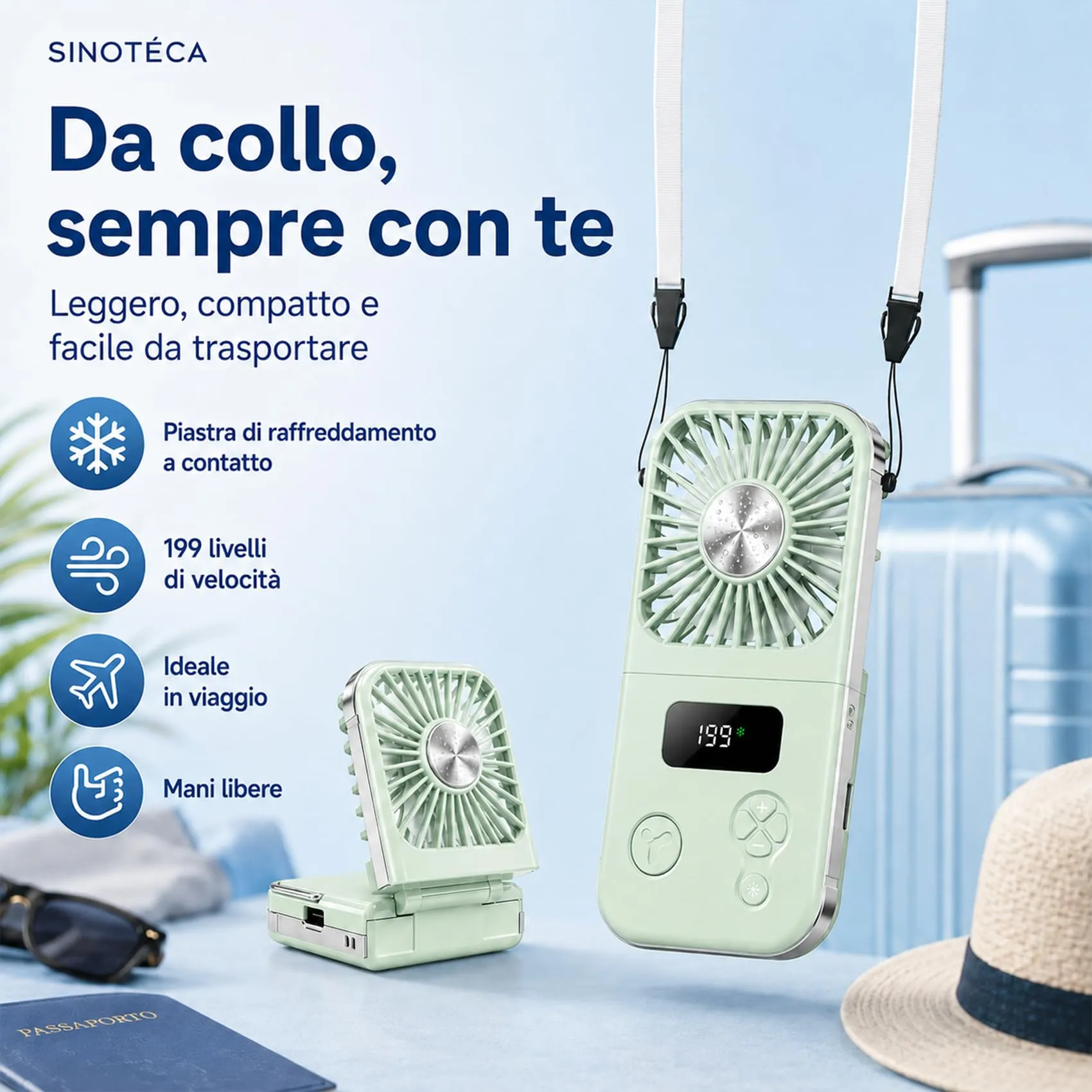 SINOTE'CA Ventilatore Portatile con Piastra Fredda, Pieghevole, USB Ricaricabile, 5 Livelli di Velocità, Funzione Power Bank - immagine 4