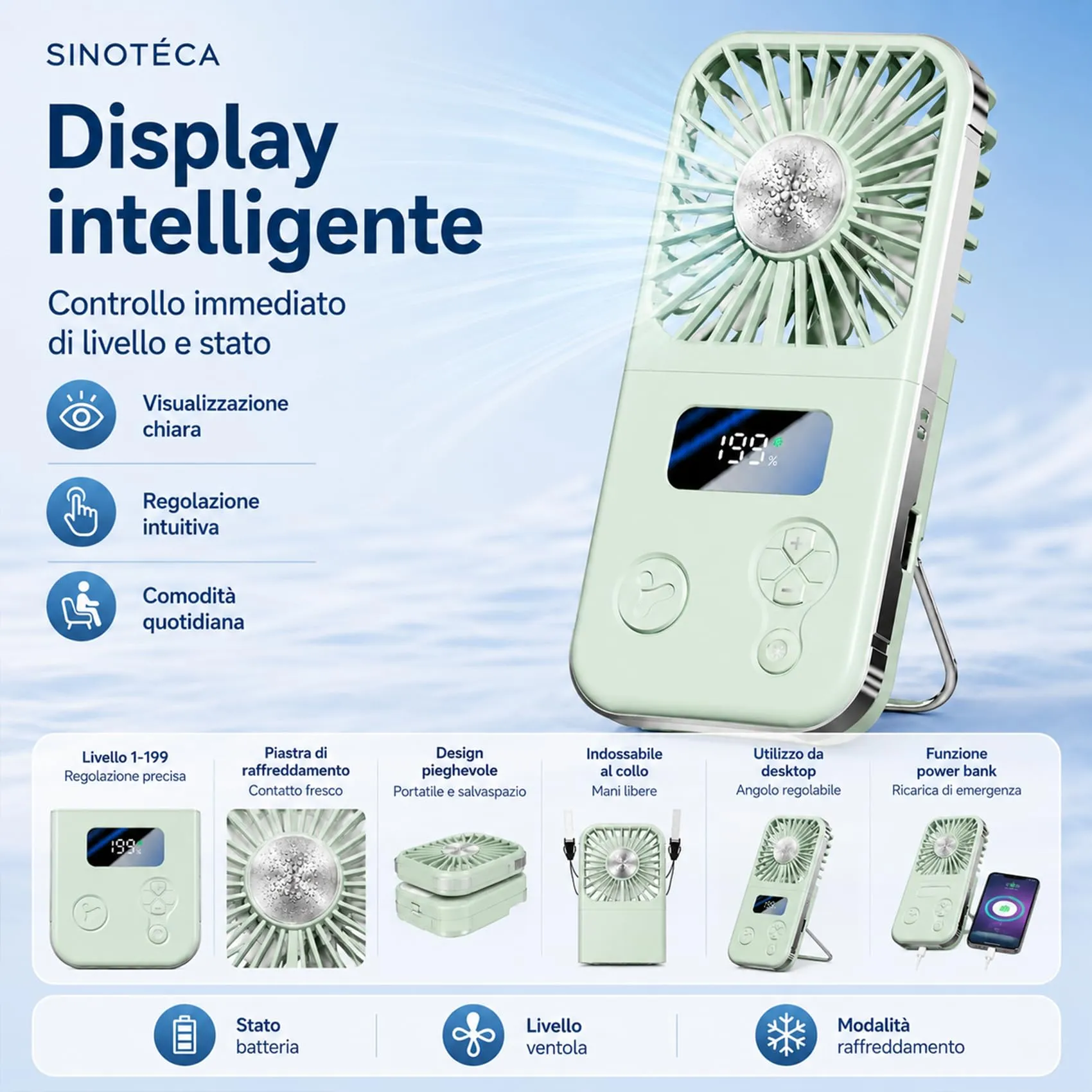 SINOTE'CA Ventilatore Portatile con Piastra Fredda, Pieghevole, USB Ricaricabile, 5 Livelli di Velocità, Funzione Power Bank - immagine 5