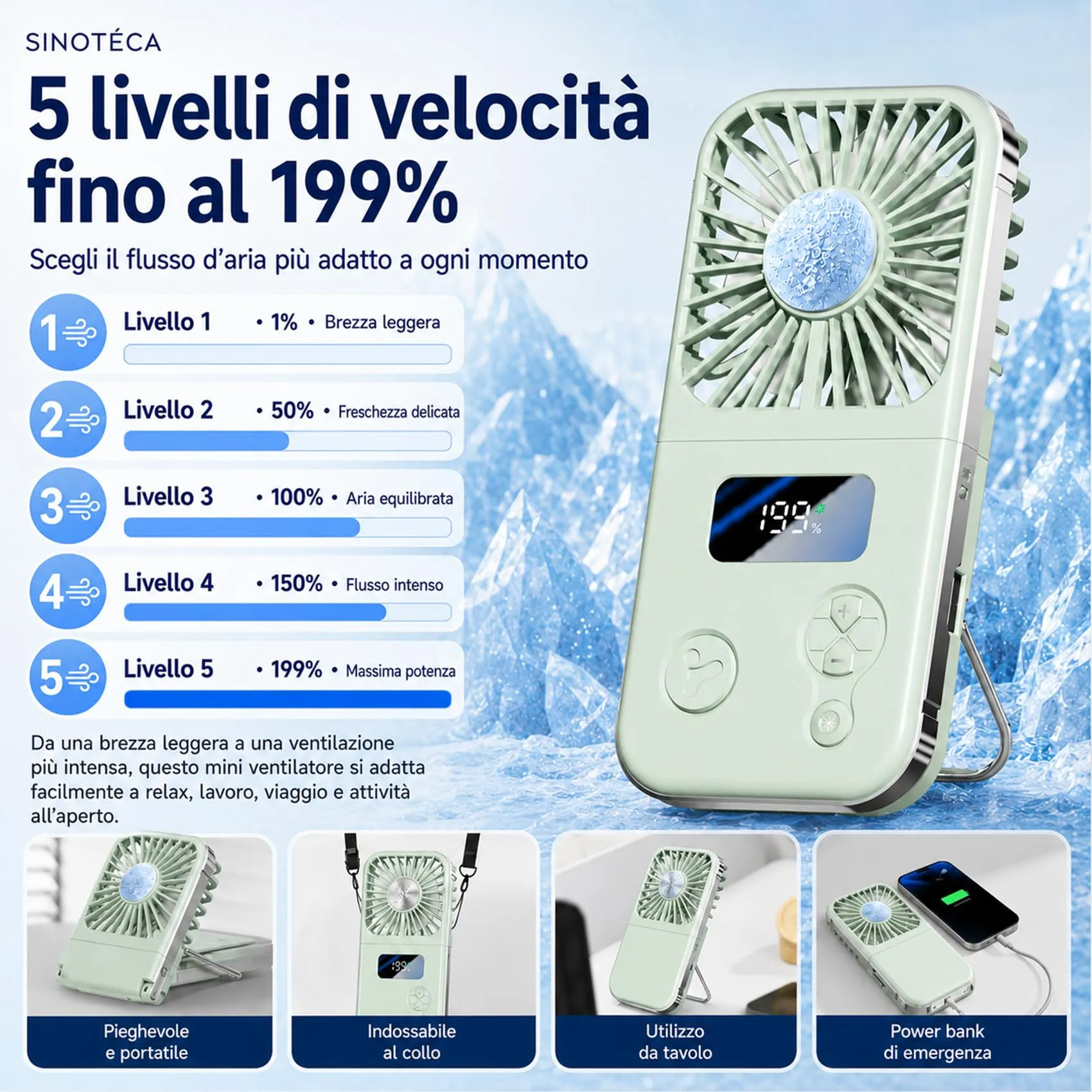 SINOTE'CA Ventilatore Portatile con Piastra Fredda, Pieghevole, USB Ricaricabile, 5 Livelli di Velocità, Funzione Power Bank - immagine 6