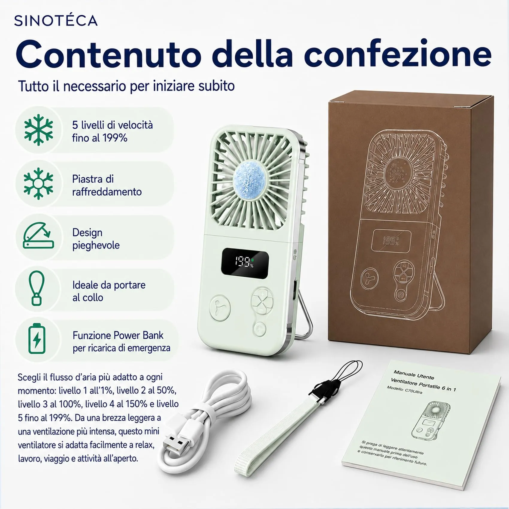 SINOTE'CA Ventilatore Portatile con Piastra Fredda, Pieghevole, USB Ricaricabile, 5 Livelli di Velocità, Funzione Power Bank - immagine 7