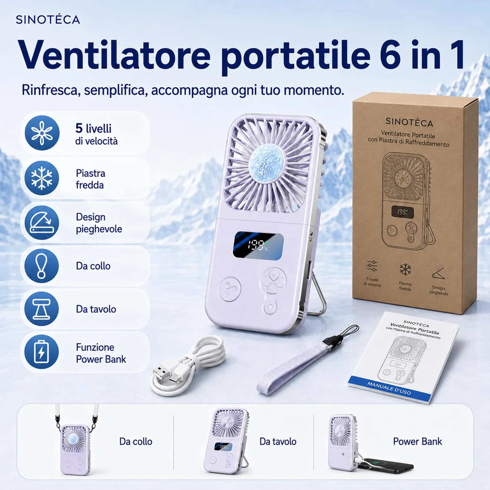 SINOTE'CA Ventilatore Portatile Pieghevole con Piastra Fredda, USB Ricaricabile, 5 Livelli di Velocità, Funzione Power Bank, da Collo e da Tavolo - immagine 2