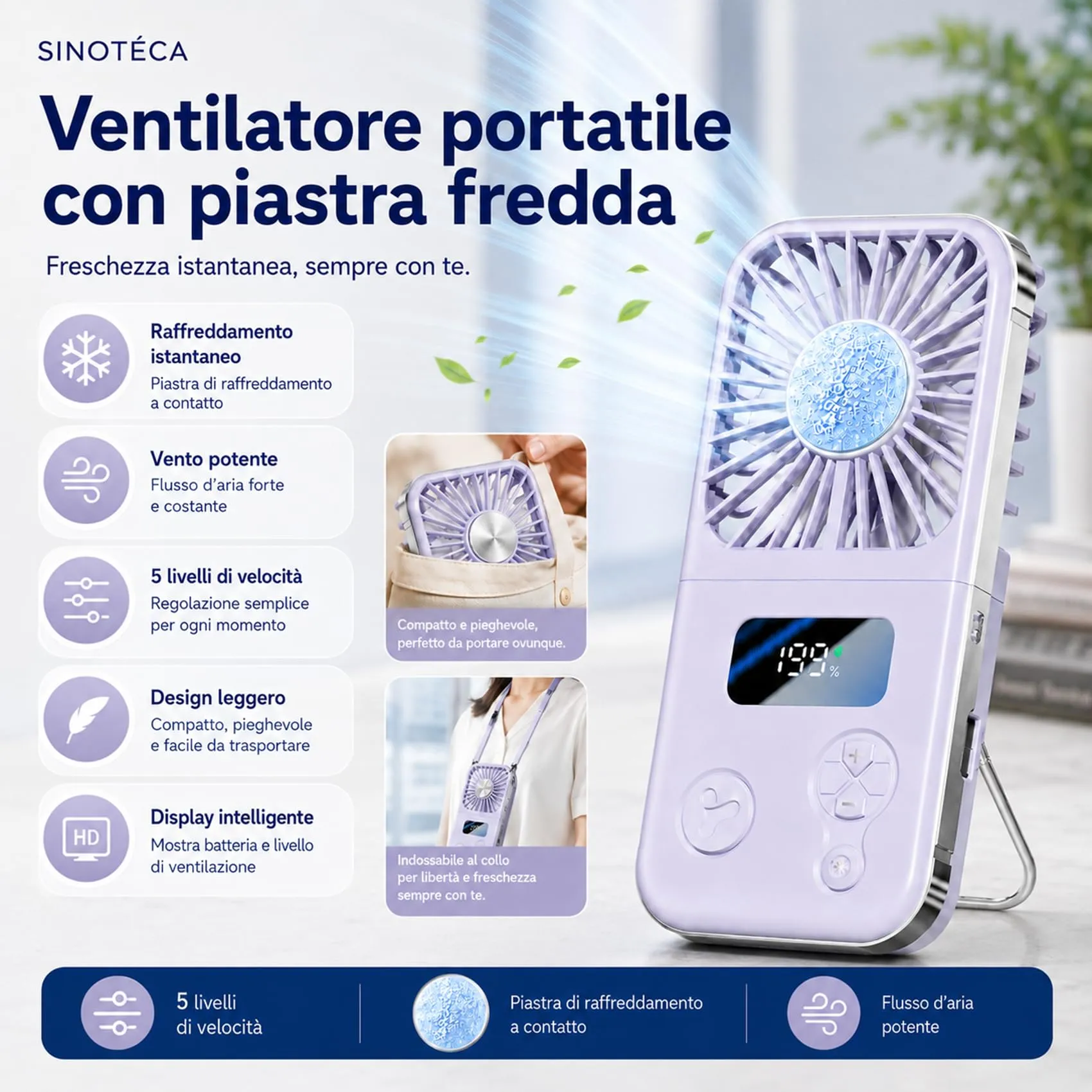 SINOTE'CA Ventilatore Portatile Pieghevole con Piastra Fredda, USB Ricaricabile, 5 Livelli di Velocità, Funzione Power Bank, da Collo e da Tavolo - immagine 3