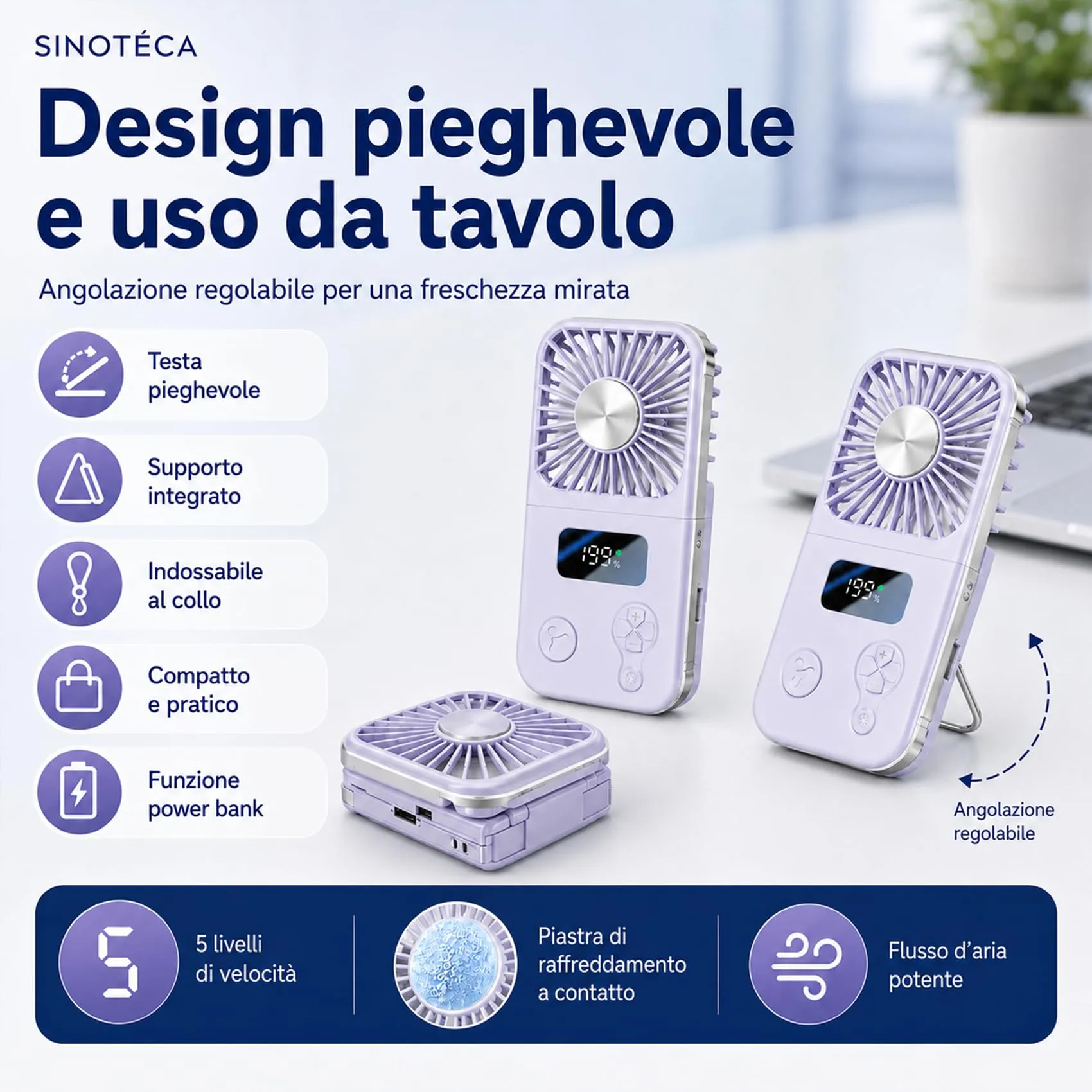 SINOTE'CA Ventilatore Portatile Pieghevole con Piastra Fredda, USB Ricaricabile, 5 Livelli di Velocità, Funzione Power Bank, da Collo e da Tavolo - immagine 4