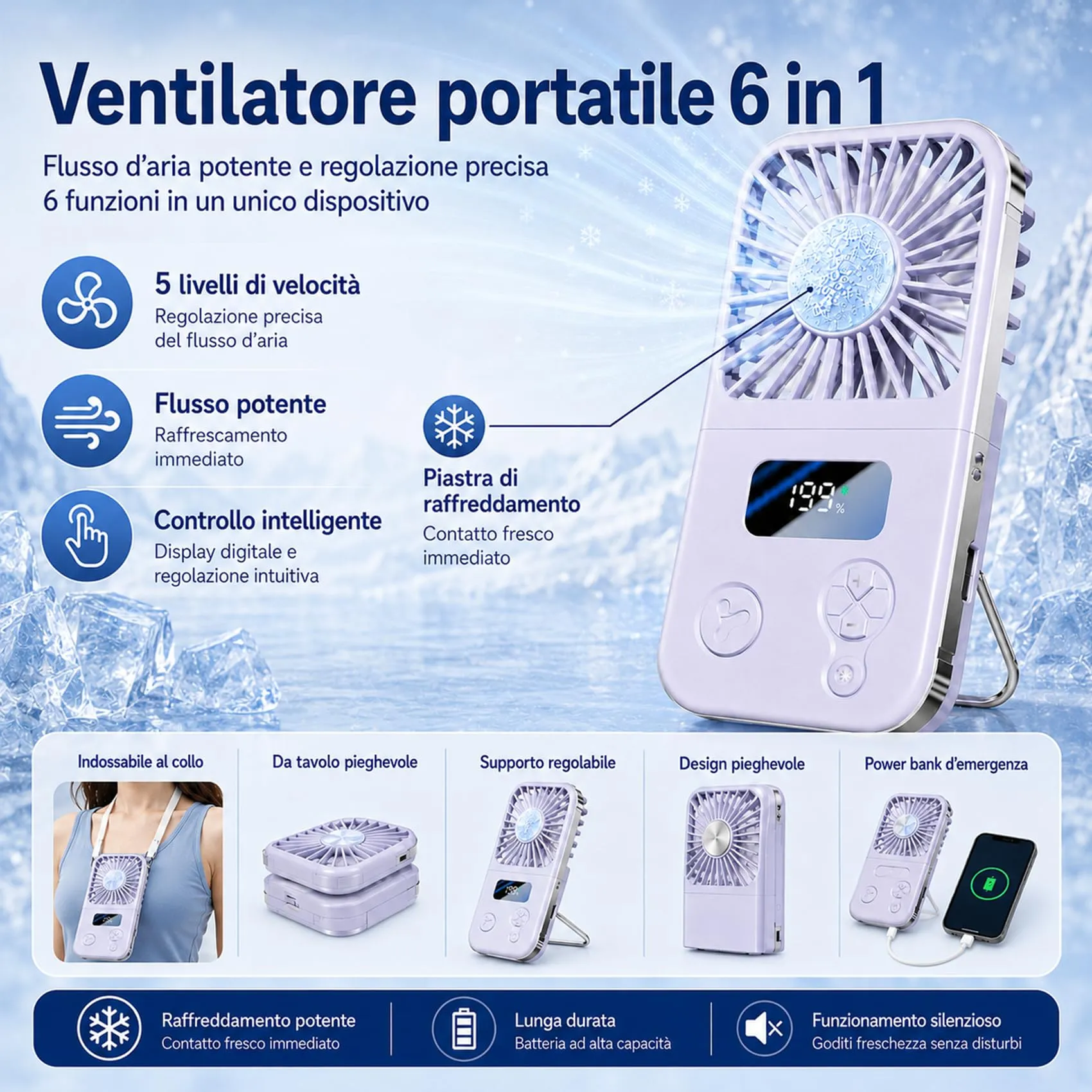 SINOTE'CA Ventilatore Portatile Pieghevole con Piastra Fredda, USB Ricaricabile, 5 Livelli di Velocità, Funzione Power Bank, da Collo e da Tavolo - immagine 5