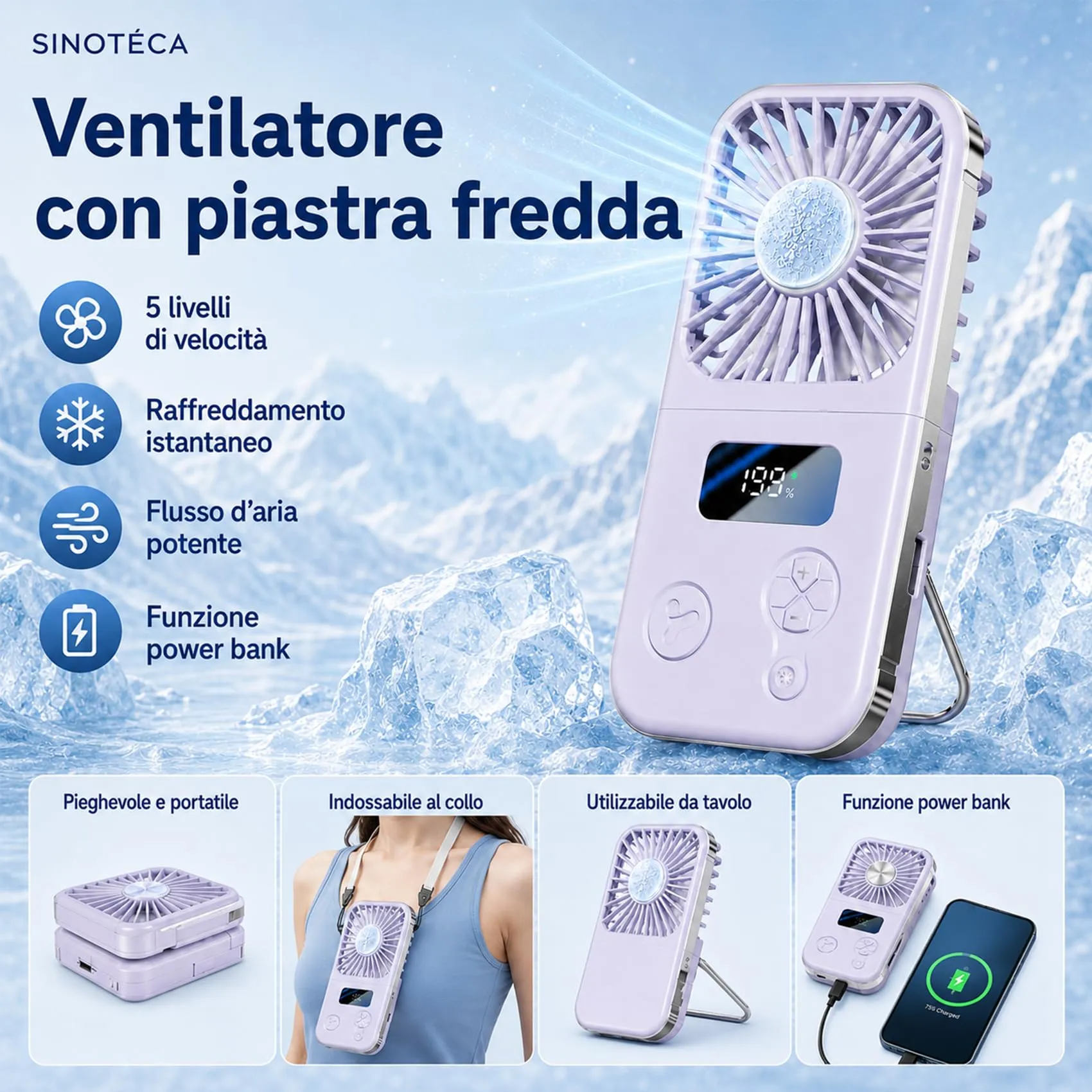 SINOTE'CA Ventilatore Portatile Pieghevole con Piastra Fredda, USB Ricaricabile, 5 Livelli di Velocità, Funzione Power Bank, da Collo e da Tavolo - immagine 6