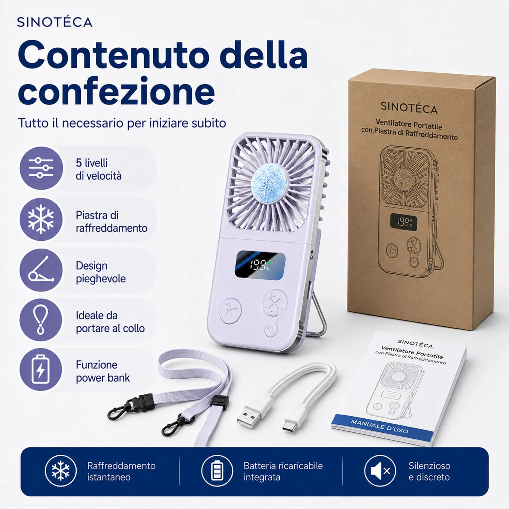SINOTE'CA Ventilatore Portatile Pieghevole con Piastra Fredda, USB Ricaricabile, 5 Livelli di Velocità, Funzione Power Bank, da Collo e da Tavolo - immagine 7