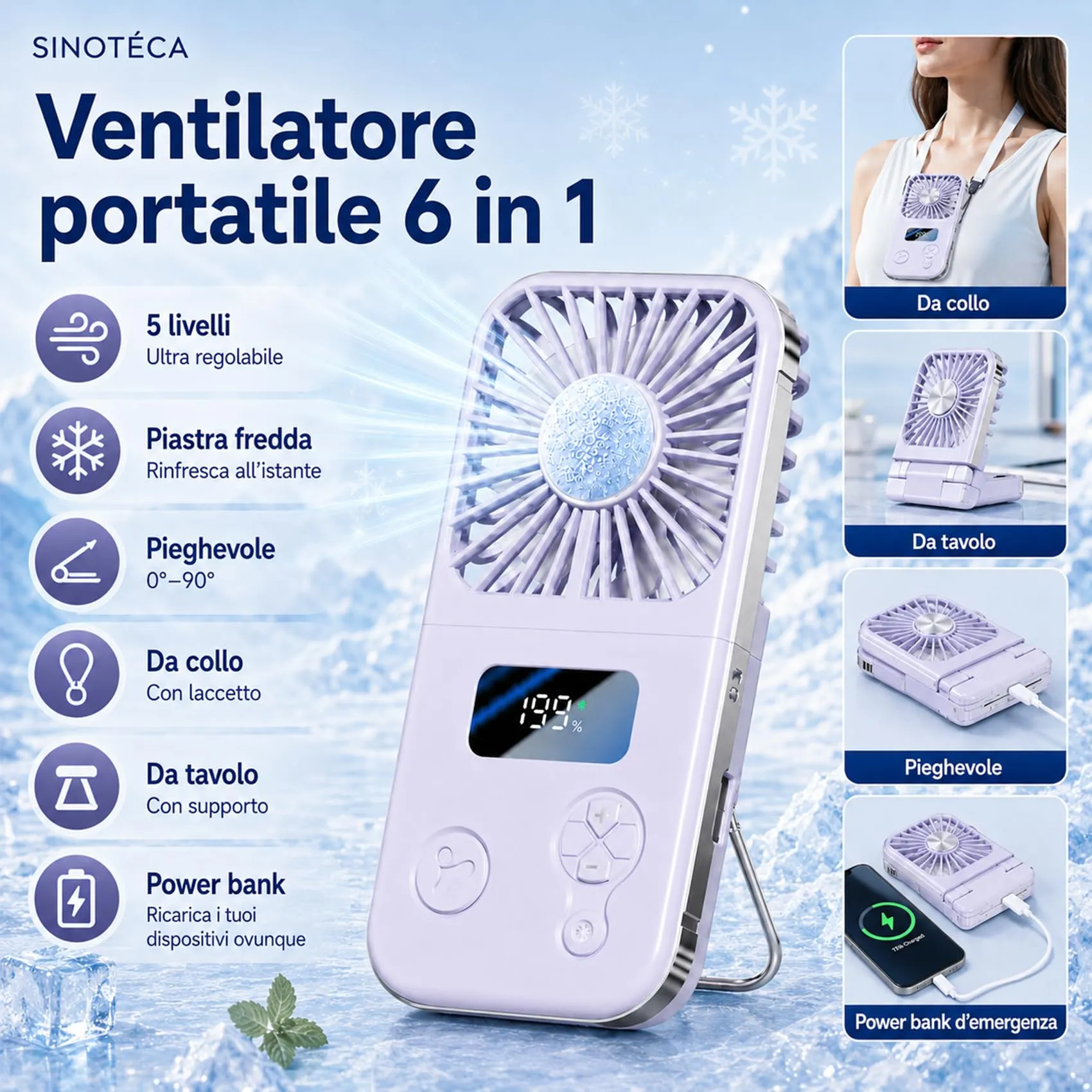 SINOTE'CA Ventilatore Portatile Pieghevole con Piastra Fredda, USB Ricaricabile, 5 Livelli di Velocità, Funzione Power Bank, da Collo e da Tavolo - immagine 8