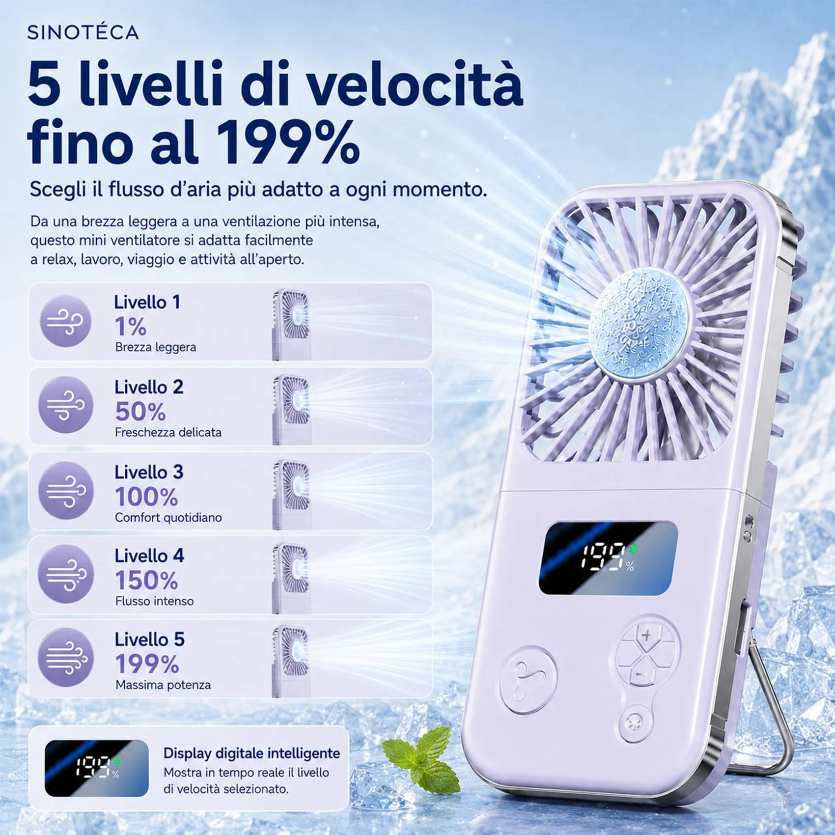 SINOTE'CA Ventilatore Portatile Pieghevole con Piastra Fredda, USB Ricaricabile, 5 Livelli di Velocità, Funzione Power Bank, da Collo e da Tavolo - immagine 9