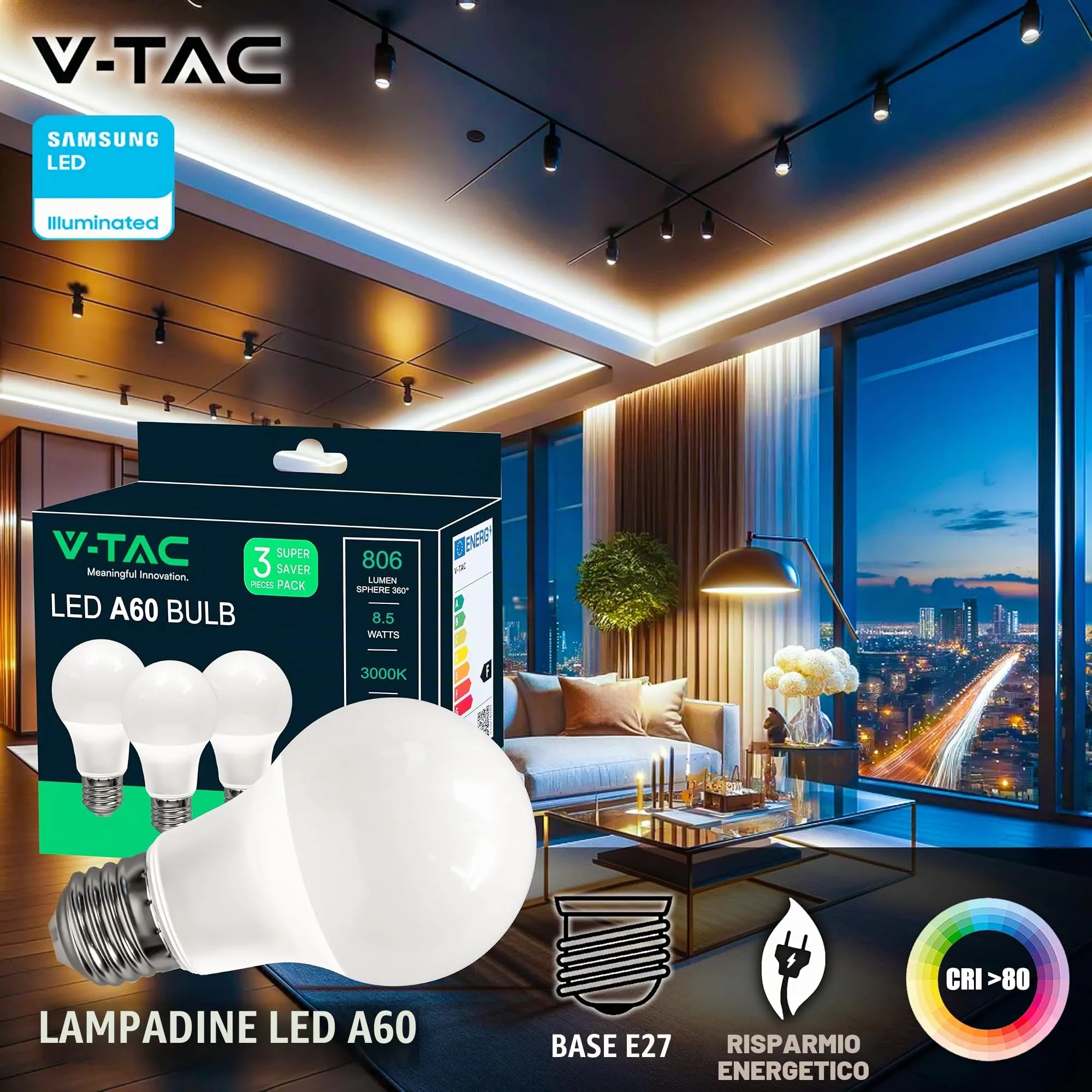 V-TAC Lampadine LED E27 A60 8,5W (60W) 806 Lumen Luce Fredda 6500K, 3 Pezzi - immagine 2