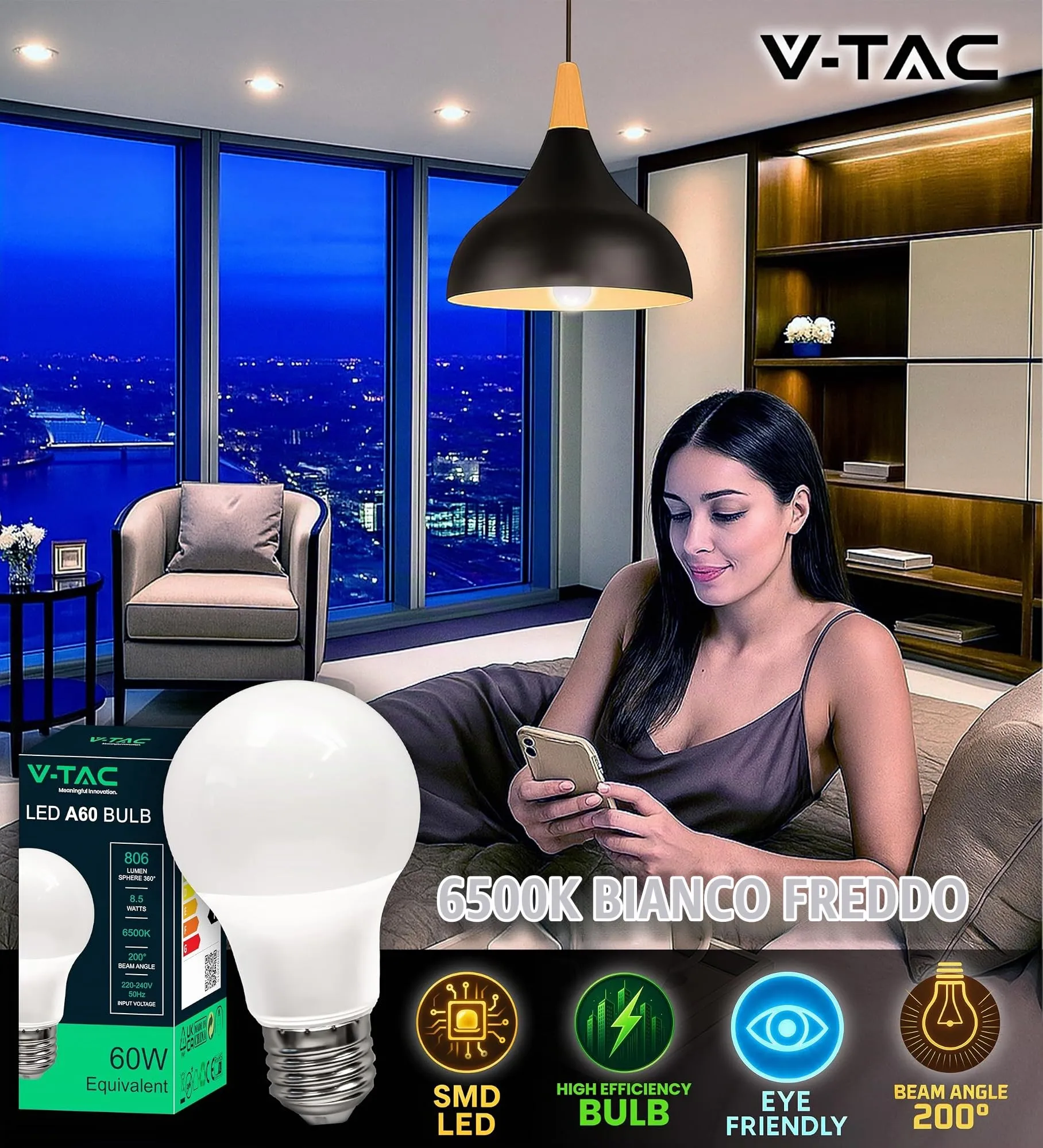 V-TAC Lampadine LED E27 A60 8,5W (60W) 806 Lumen Luce Fredda 6500K, 3 Pezzi - immagine 4
