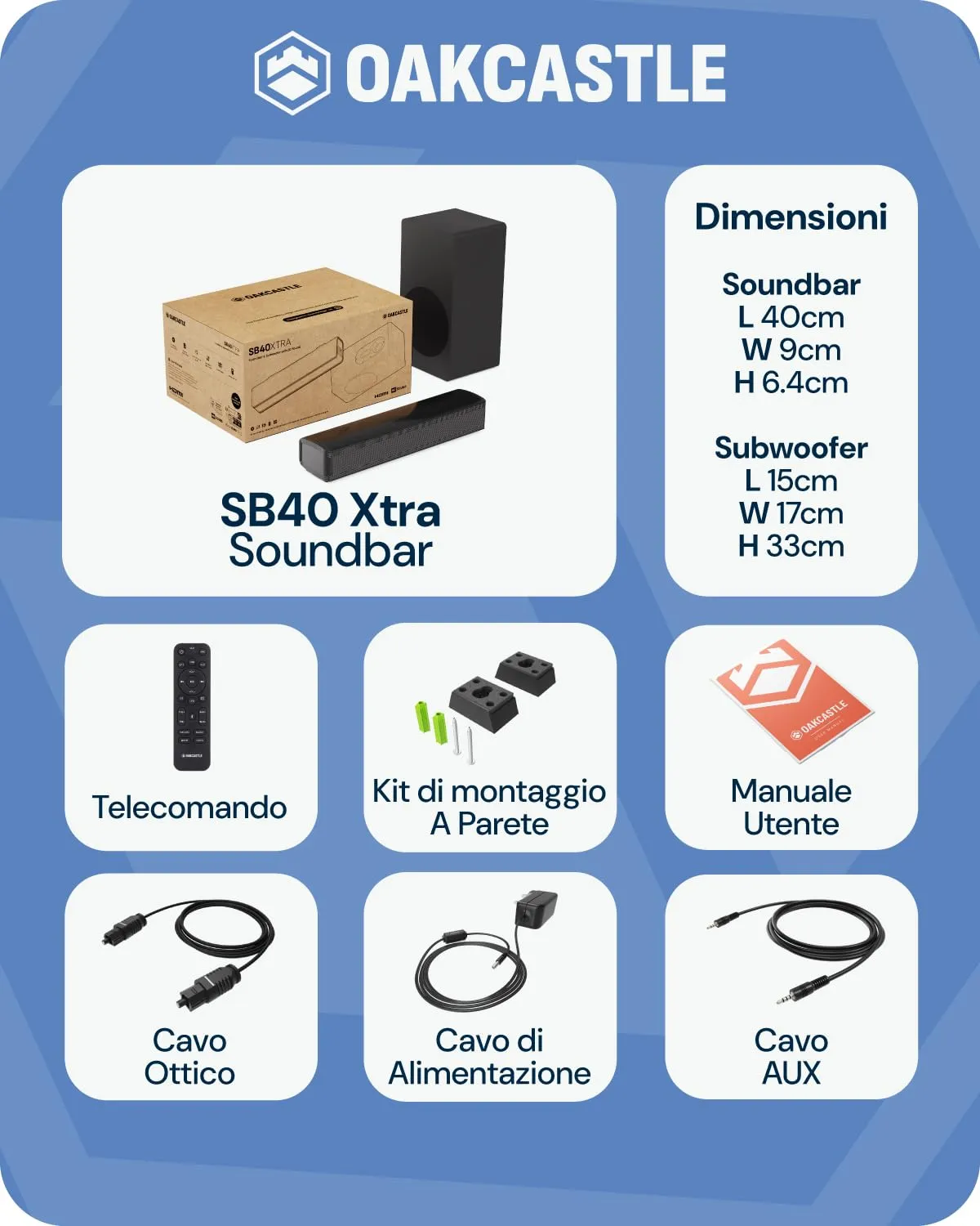 Oakcastle SB40 Xtra Soundbar 2.1 con Subwoofer Cablato 90W RMS - immagine 7