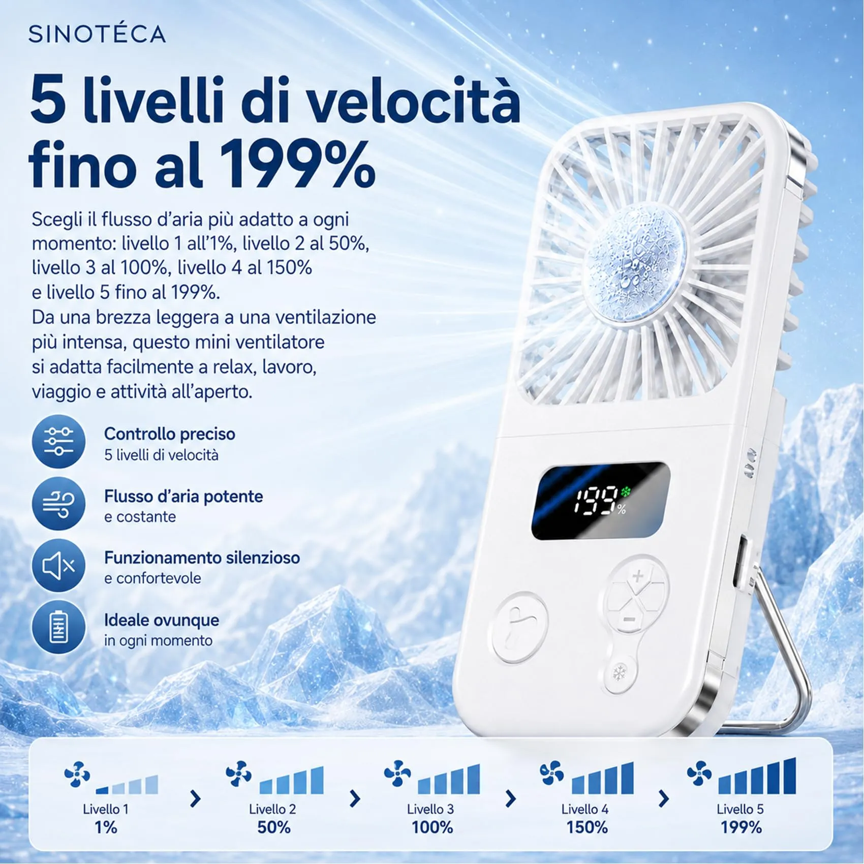 SINOTE'CA Ventilatore Portatile Pieghevole con Piastra Fredda, USB Ricaricabile, 5 Livelli di Velocità, Funzione Power Bank, da Collo e da Tavolo - immagine 3