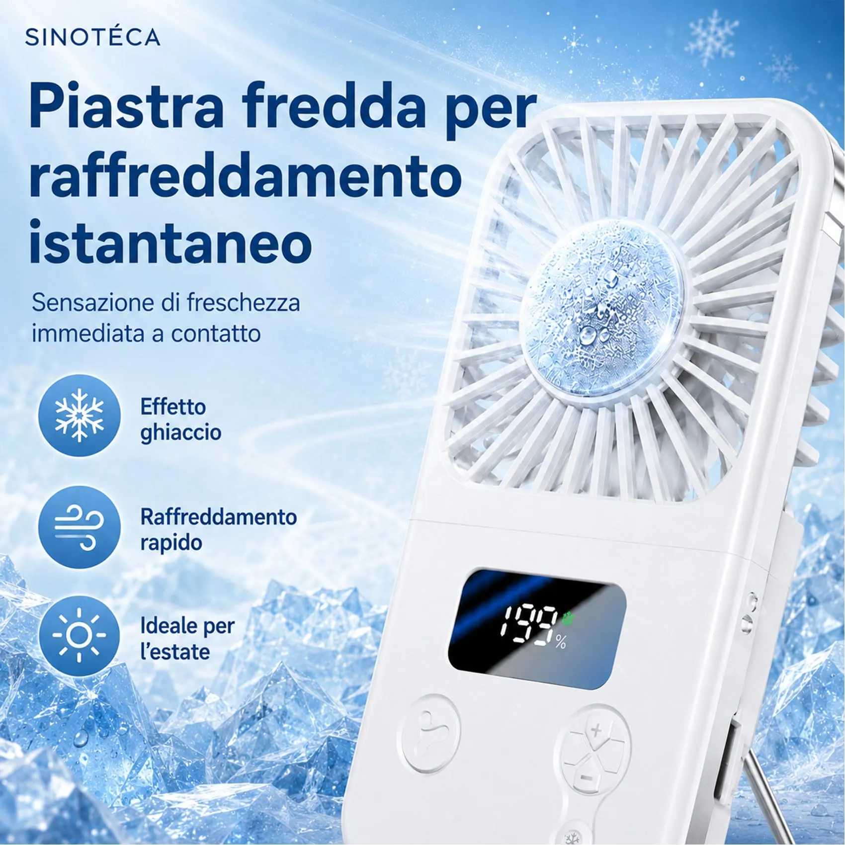 SINOTE'CA Ventilatore Portatile Pieghevole con Piastra Fredda, USB Ricaricabile, 5 Livelli di Velocità, Funzione Power Bank, da Collo e da Tavolo - immagine 4