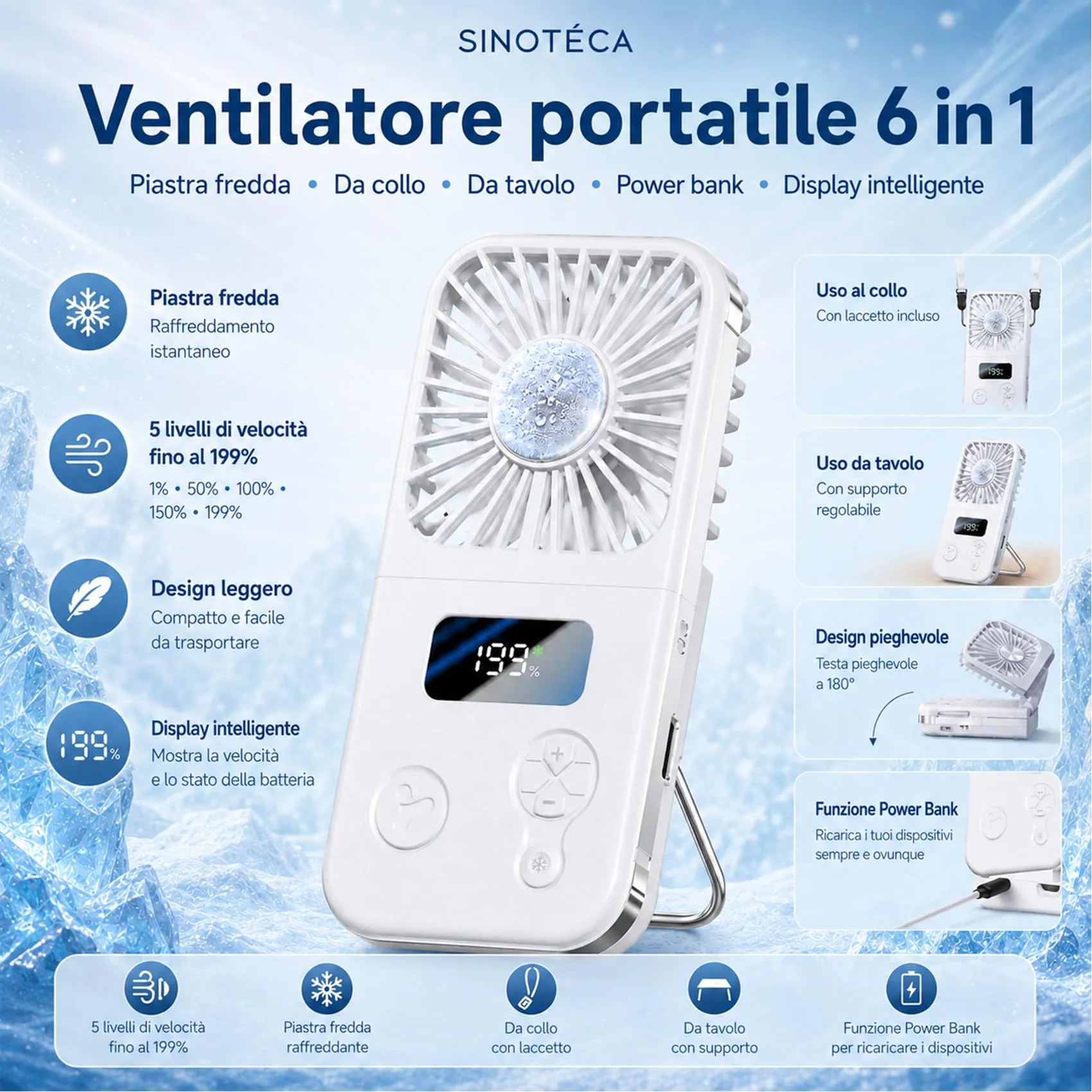 SINOTE'CA Ventilatore Portatile Pieghevole con Piastra Fredda, USB Ricaricabile, 5 Livelli di Velocità, Funzione Power Bank, da Collo e da Tavolo - immagine 5