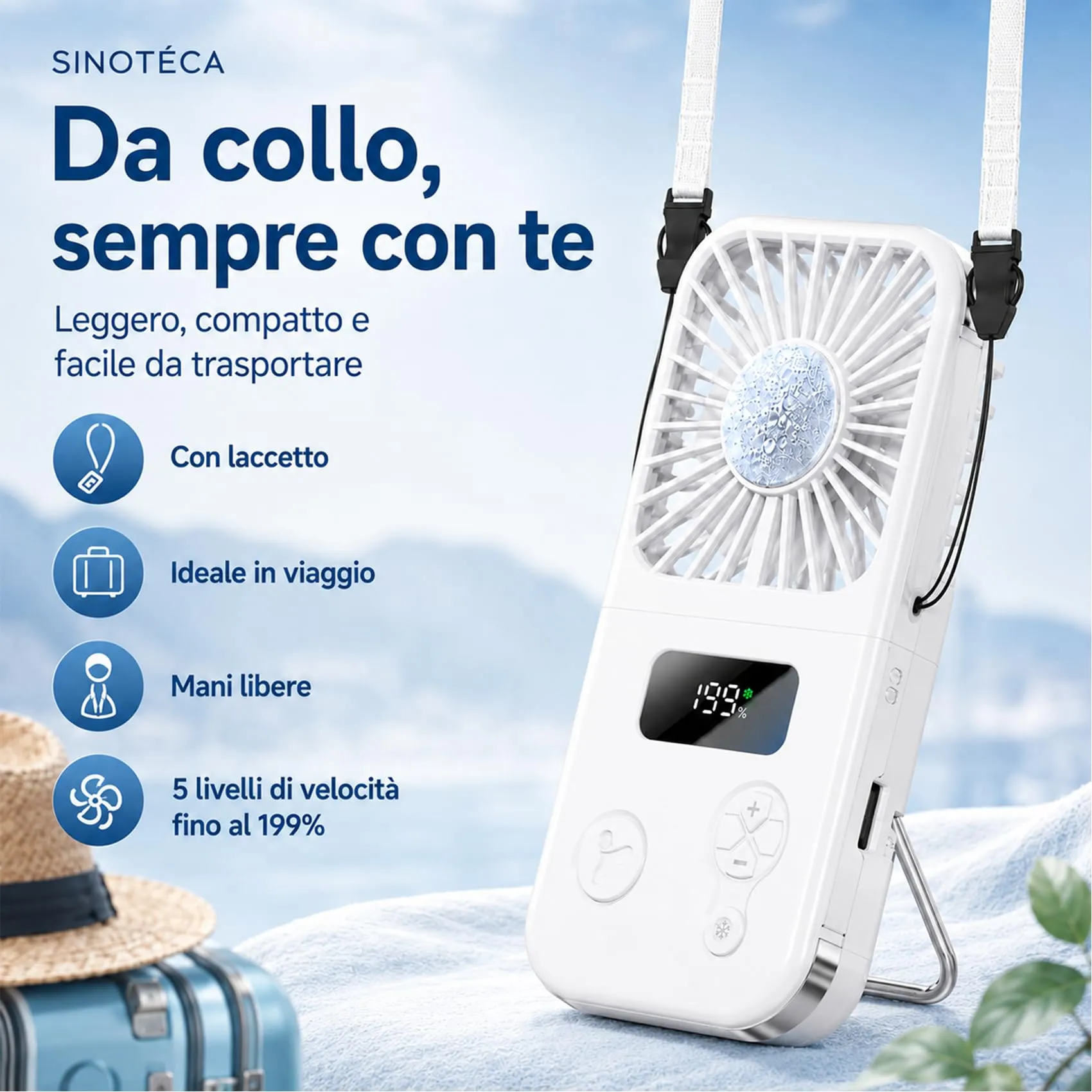 SINOTE'CA Ventilatore Portatile Pieghevole con Piastra Fredda, USB Ricaricabile, 5 Livelli di Velocità, Funzione Power Bank, da Collo e da Tavolo - immagine 6