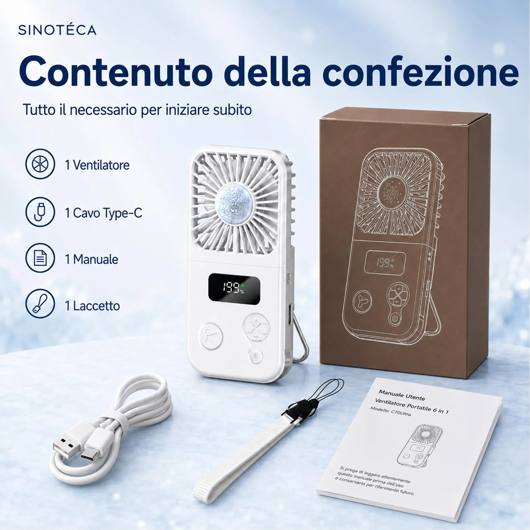 SINOTE'CA Ventilatore Portatile Pieghevole con Piastra Fredda, USB Ricaricabile, 5 Livelli di Velocità, Funzione Power Bank, da Collo e da Tavolo - immagine 7