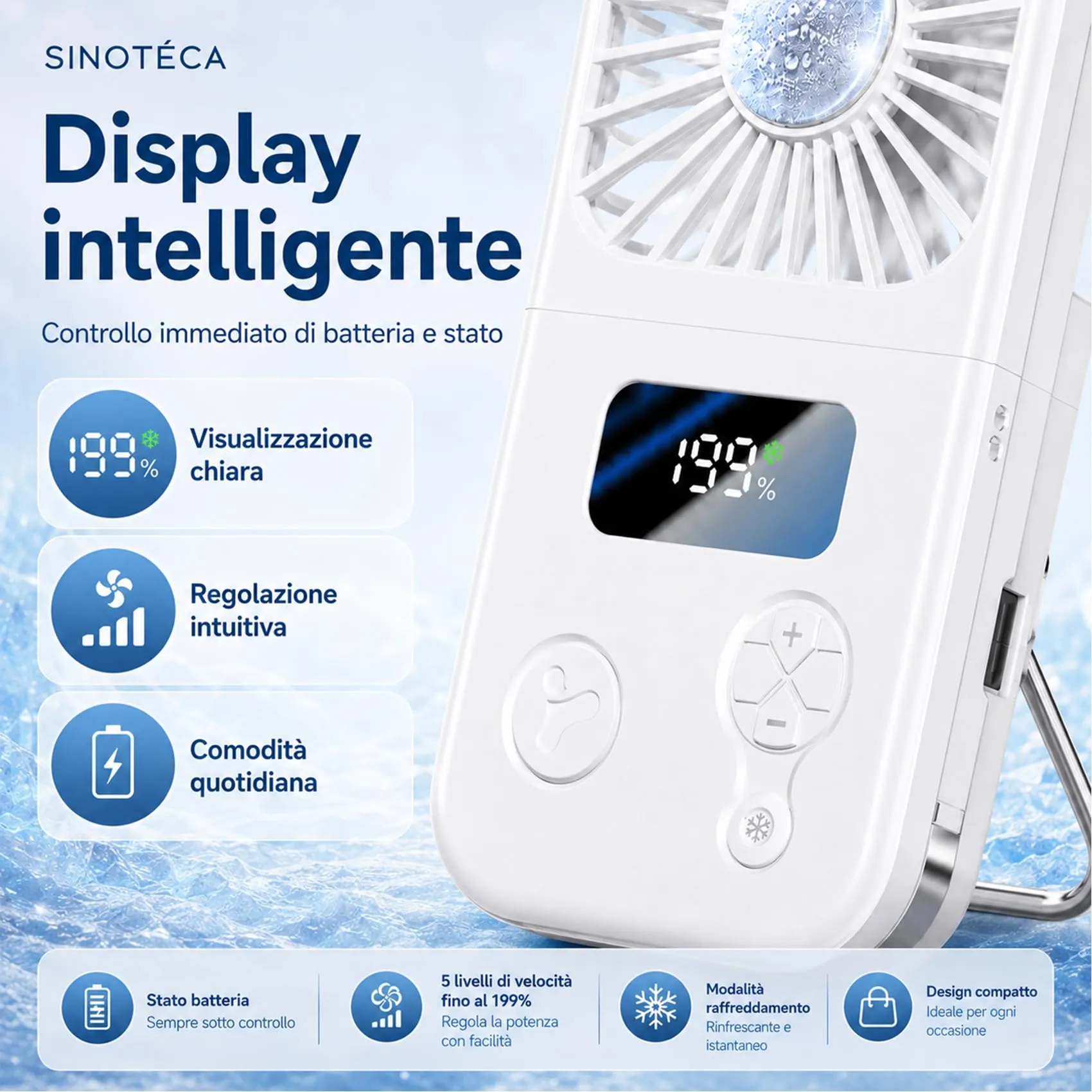 SINOTE'CA Ventilatore Portatile Pieghevole con Piastra Fredda, USB Ricaricabile, 5 Livelli di Velocità, Funzione Power Bank, da Collo e da Tavolo - immagine 8