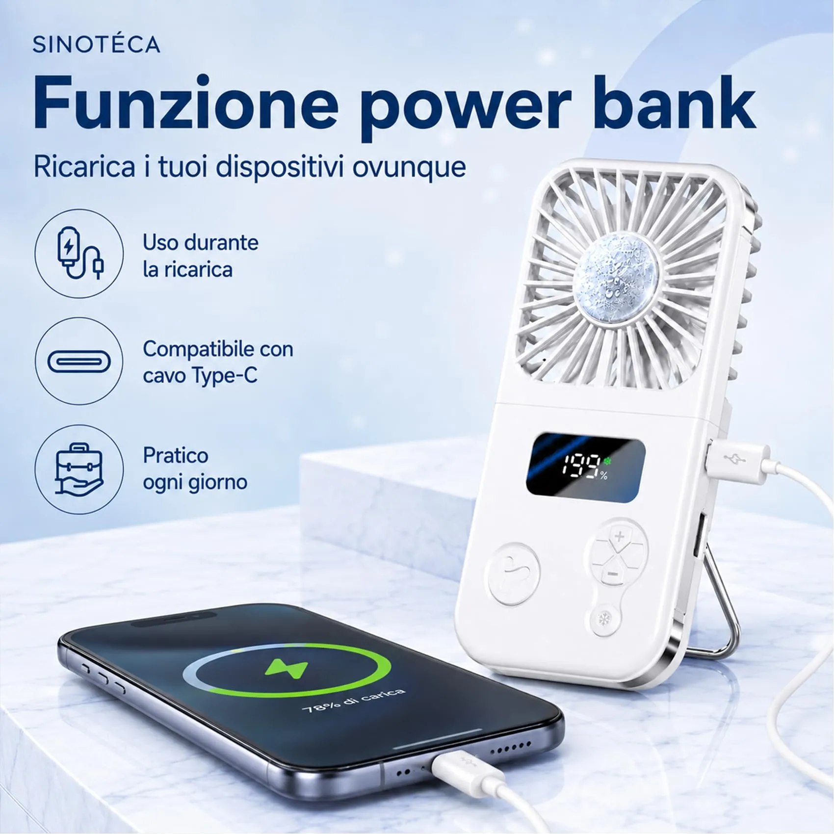SINOTE'CA Ventilatore Portatile Pieghevole con Piastra Fredda, USB Ricaricabile, 5 Livelli di Velocità, Funzione Power Bank, da Collo e da Tavolo - immagine 9