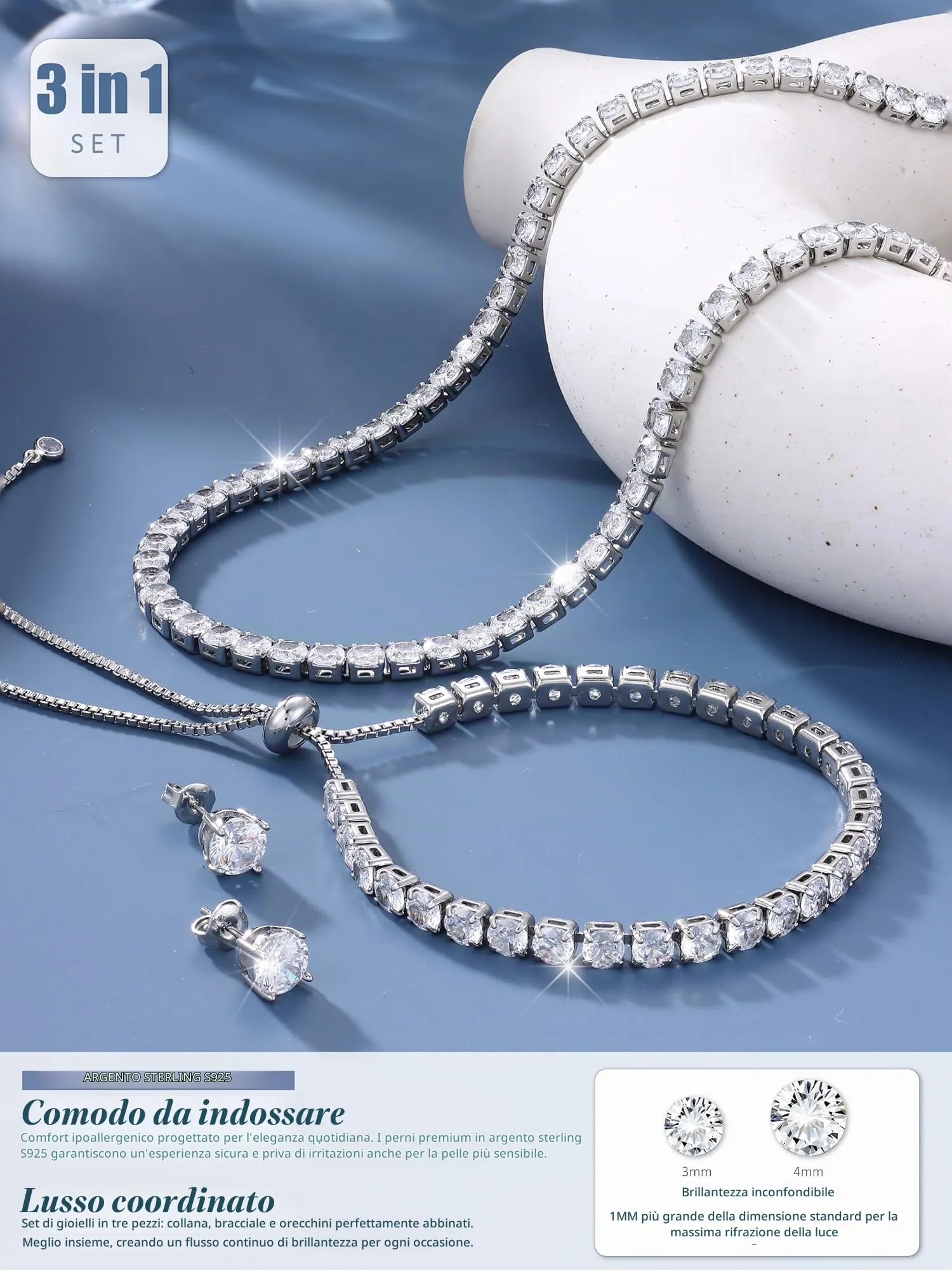 Diamday Set di Gioielli in Argento 925 con Collana Tennis, Bracciale e Orecchini a Lobo - immagine 6
