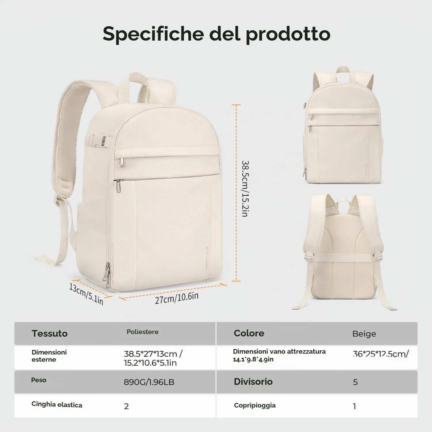 K&F CONCEPT Zaino Foto Compatto 13L Impermeabile Bianco - immagine 9