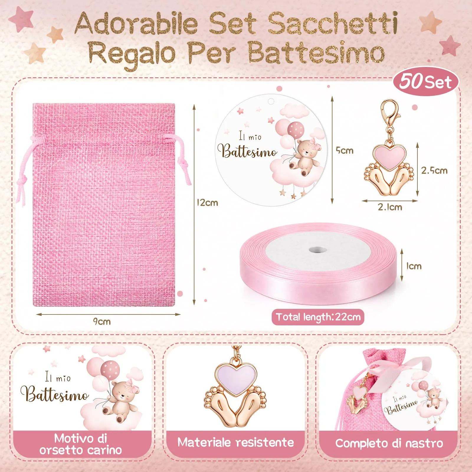 BBTO Set di Bomboniere per Battesimo, Orso, Rosa, 50 Set - immagine 3