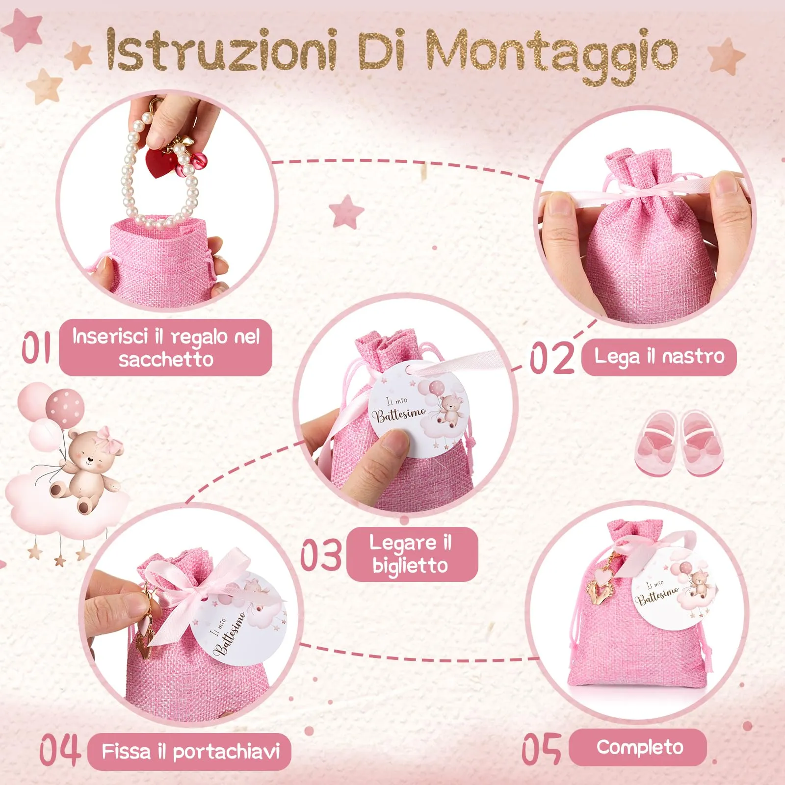 BBTO Set di Bomboniere per Battesimo, Orso, Rosa, 50 Set - immagine 4