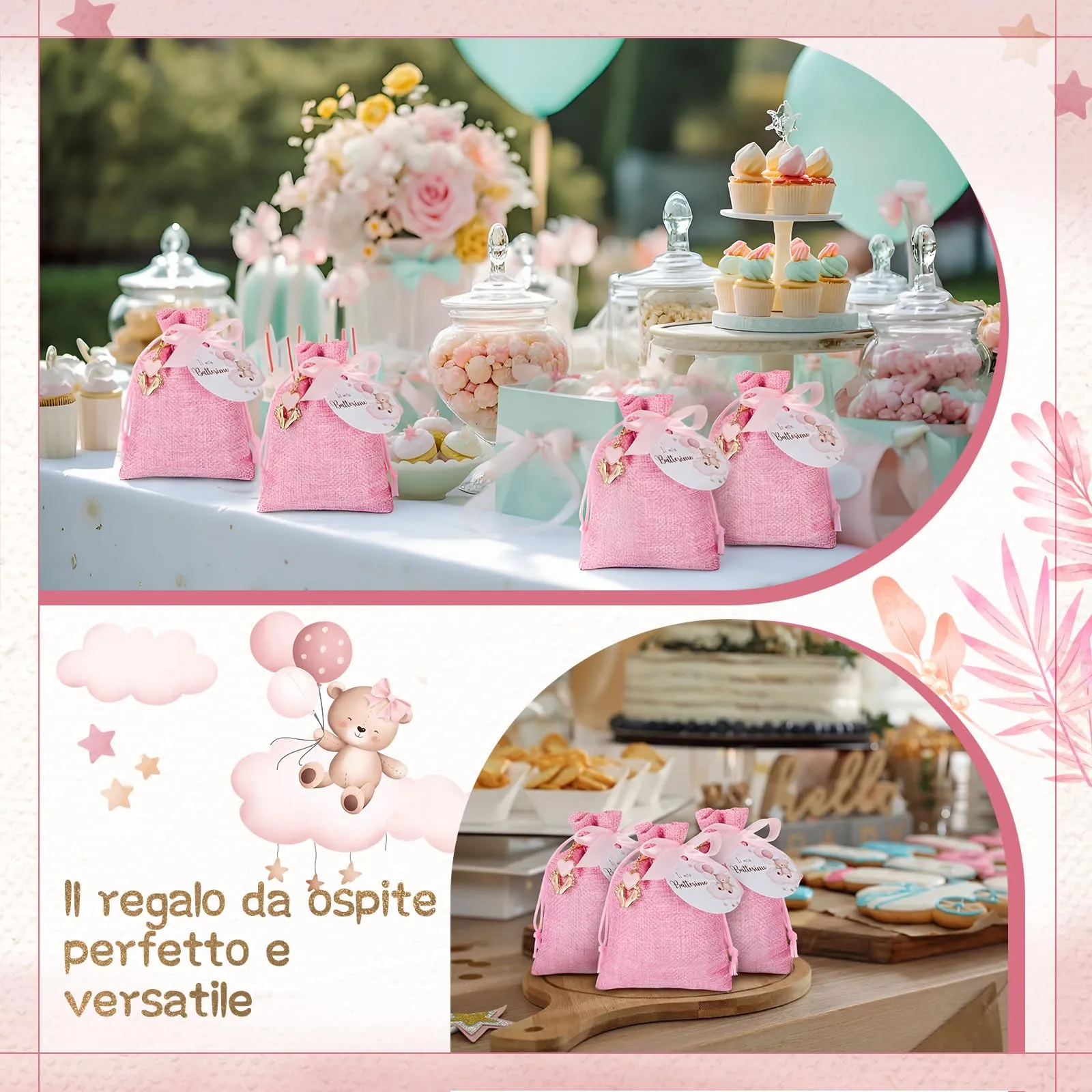 BBTO Set di Bomboniere per Battesimo, Orso, Rosa, 50 Set - immagine 7