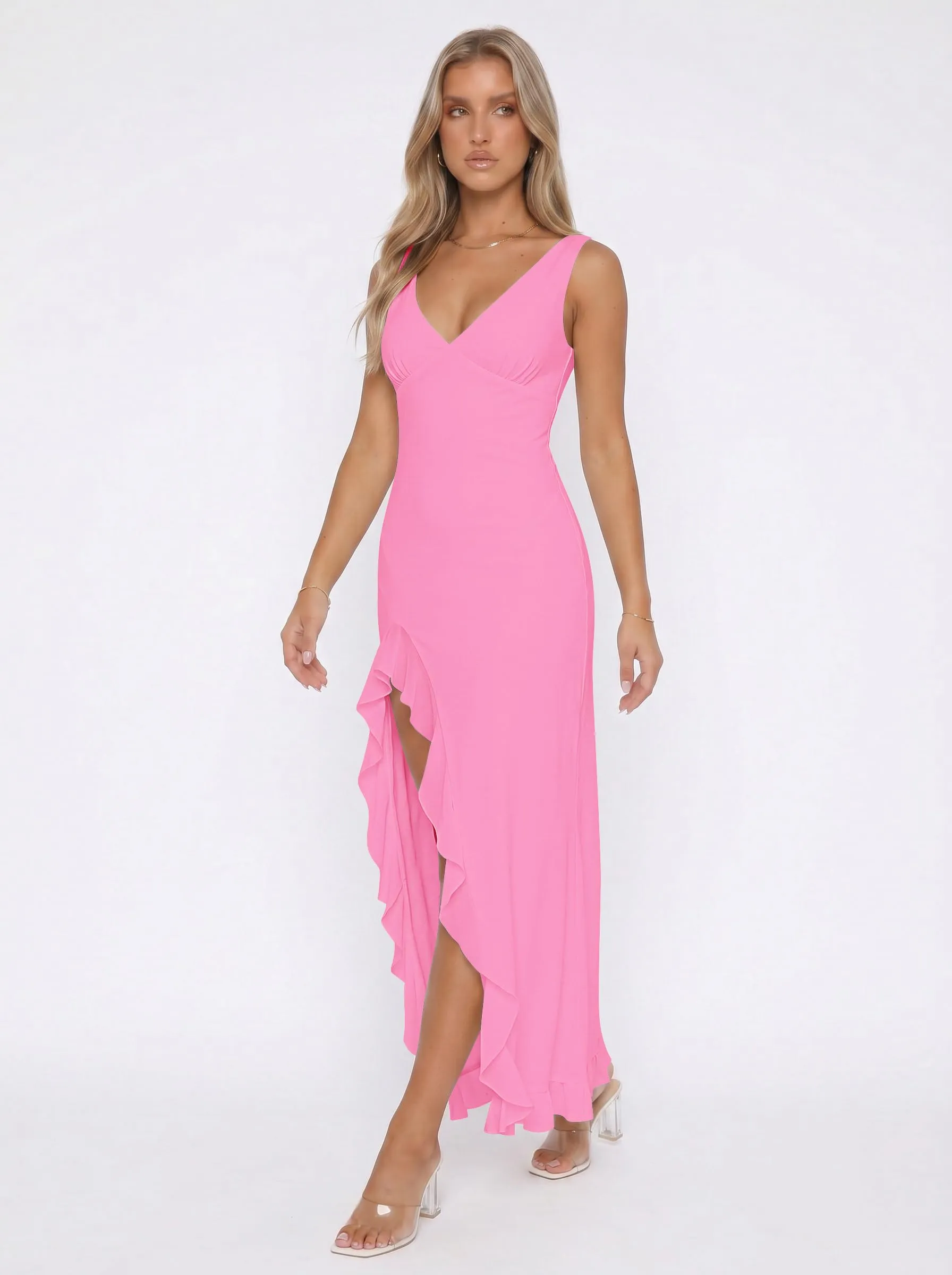Xiaoliny Vestito Donna Elegante Senza Maniche Scollo a V Maxi Abito con Volant e Spacco in Rete Schiena Scoperta - immagine 4