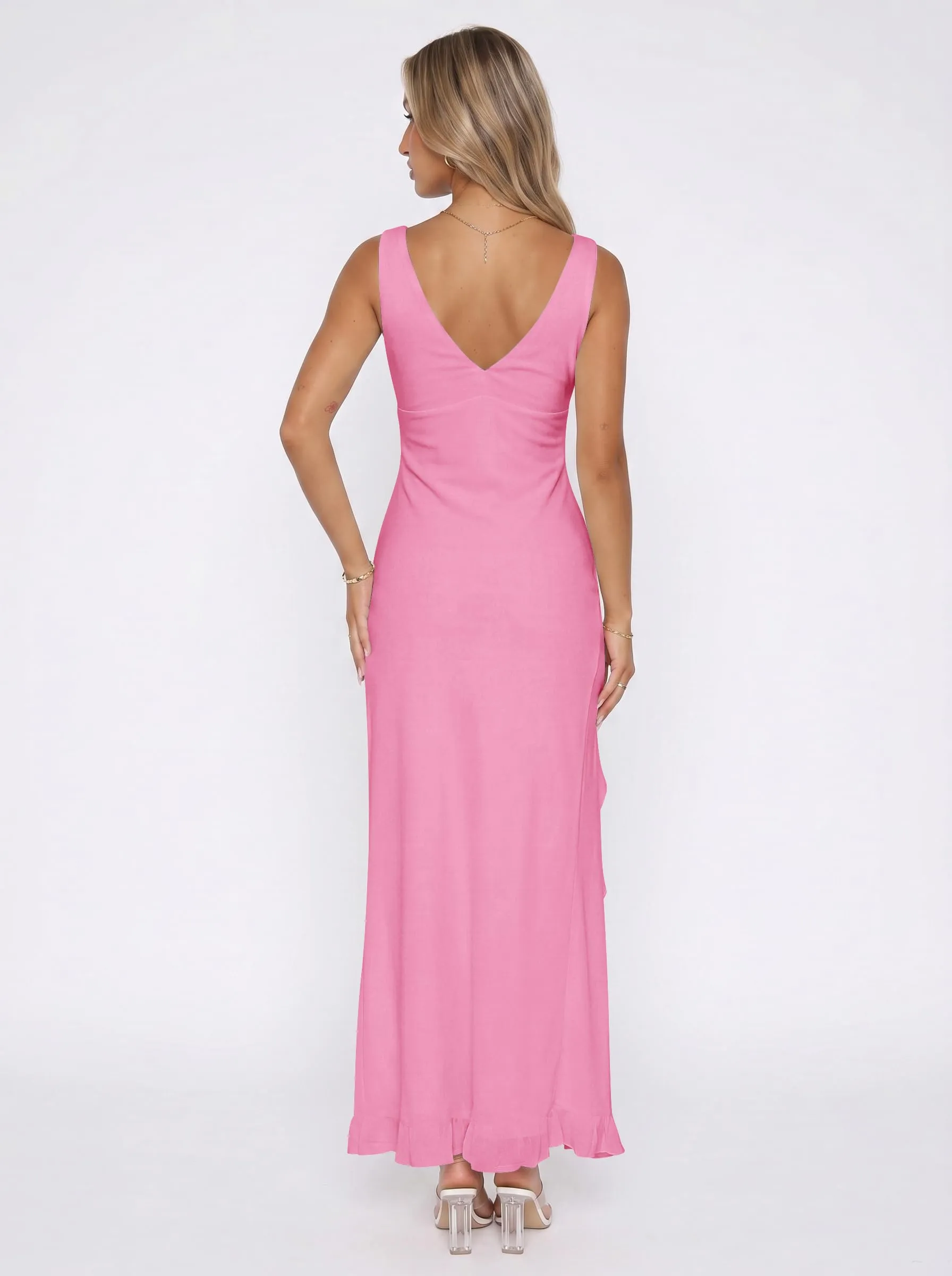 Xiaoliny Vestito Donna Elegante Senza Maniche Scollo a V Maxi Abito con Volant e Spacco in Rete Schiena Scoperta - immagine 5