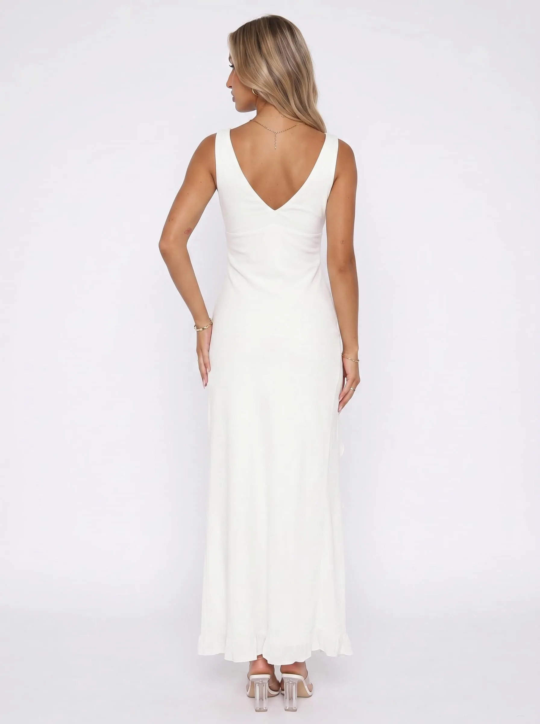 Xiaoliny Vestito Donna Elegante Senza Maniche Scollo a V Maxi Abito in Rete con Volant e Spacco - immagine 5