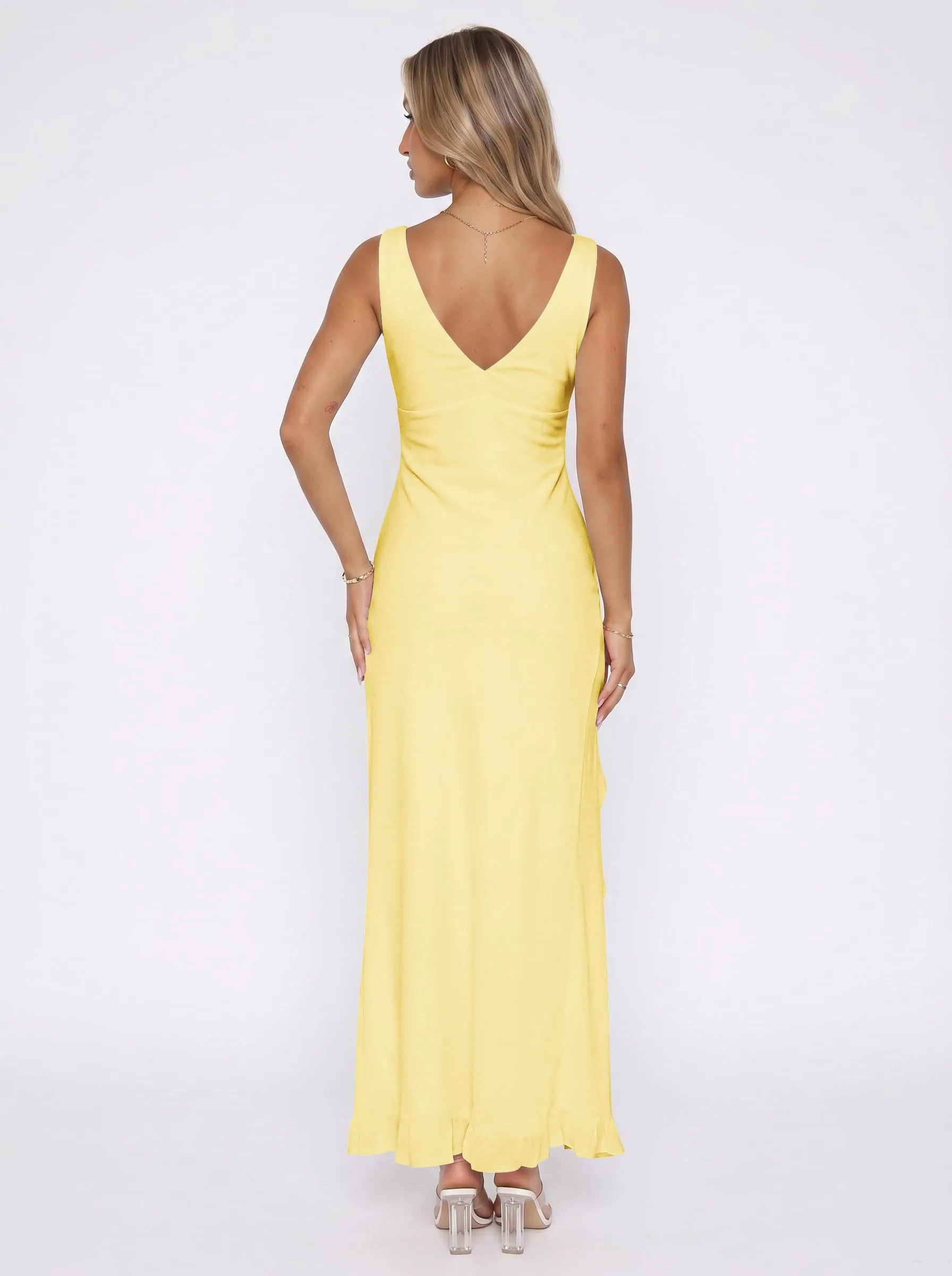 Xiaoliny Vestito Donna Elegante Senza Maniche Scollo a V Maxi Abito con Volant e Spacco in Rete - immagine 5