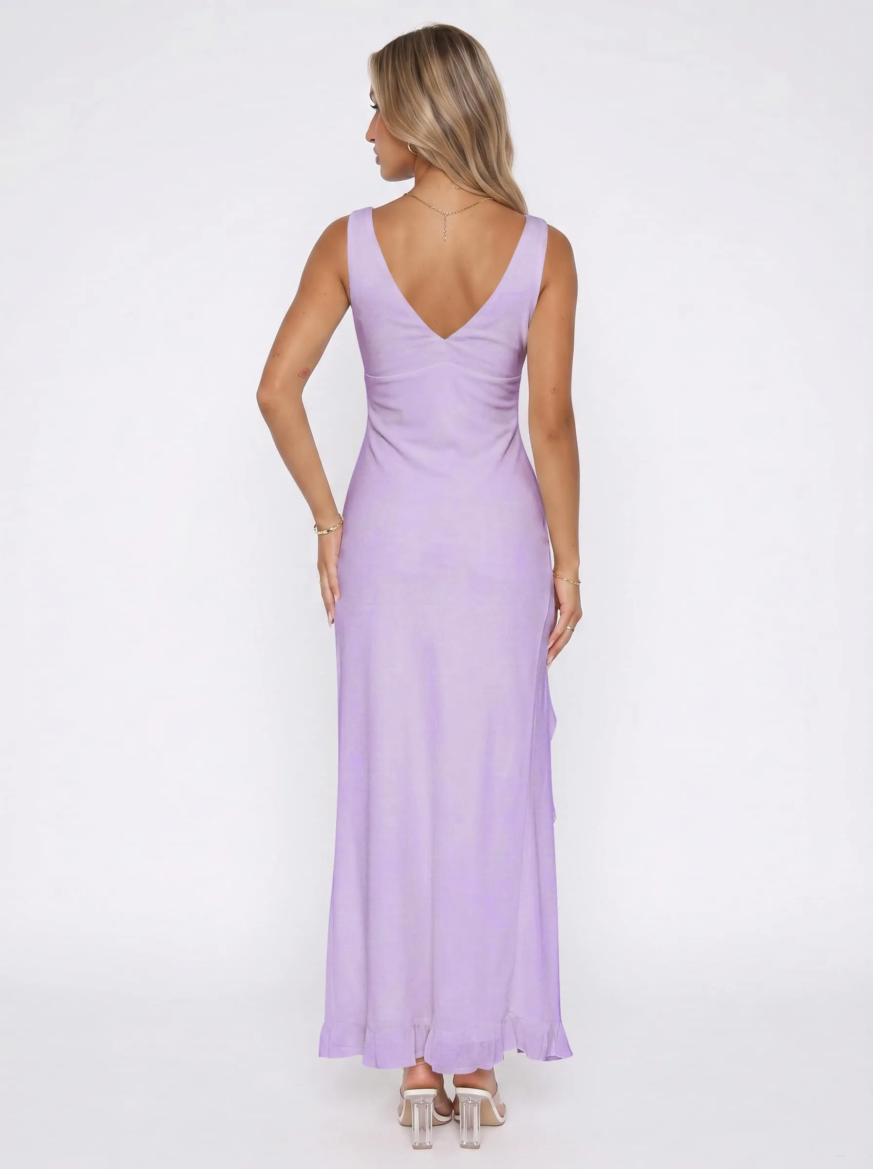 Xiaoliny Vestito Donna Elegante Senza Maniche Scollo a V Maxi Abito con Volant e Spacco in Rete Schiena Scoperta - immagine 5