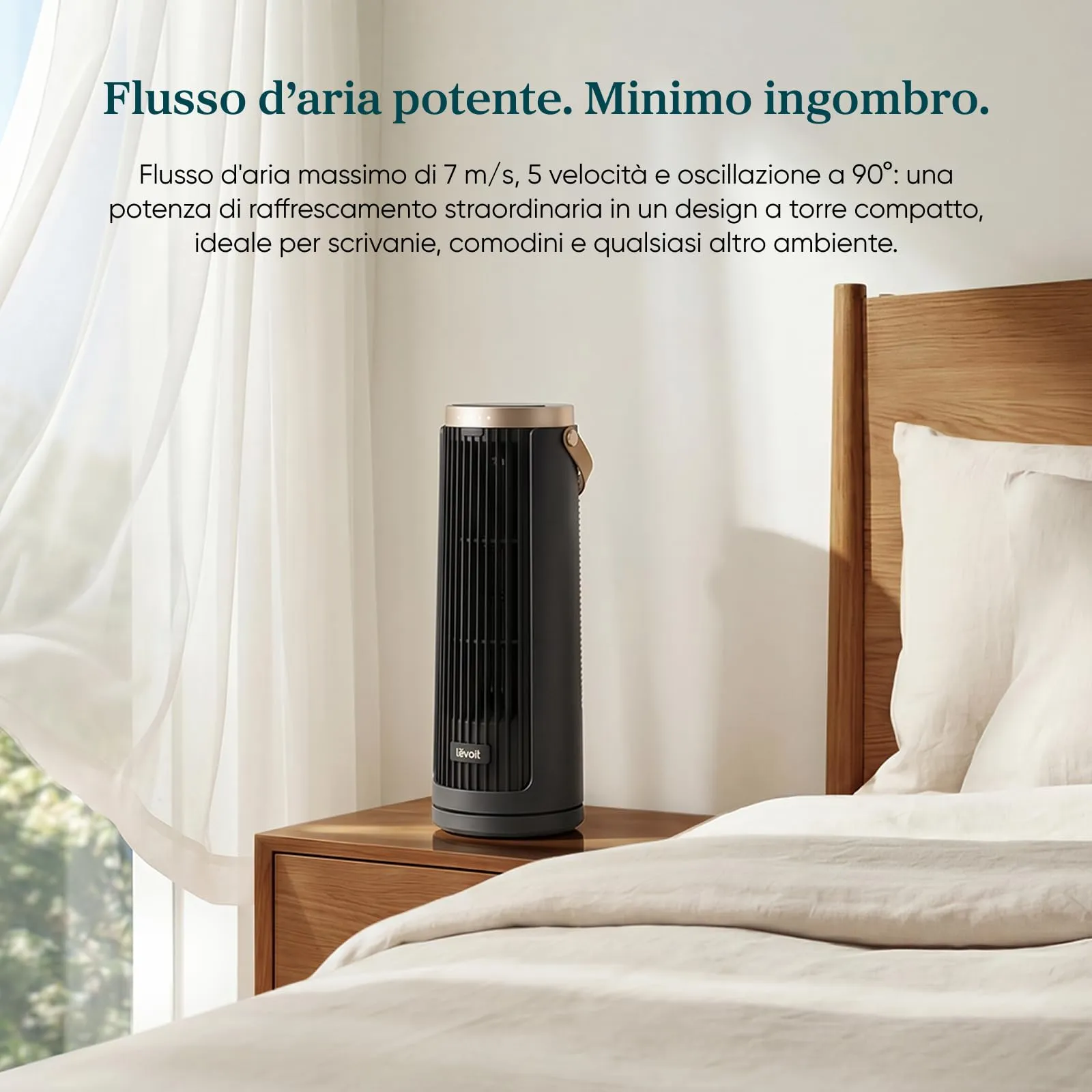 Levoit Windi Mini Pro Ventilatore a Torre Compatto Portatile, Grigio Scuro - immagine 2