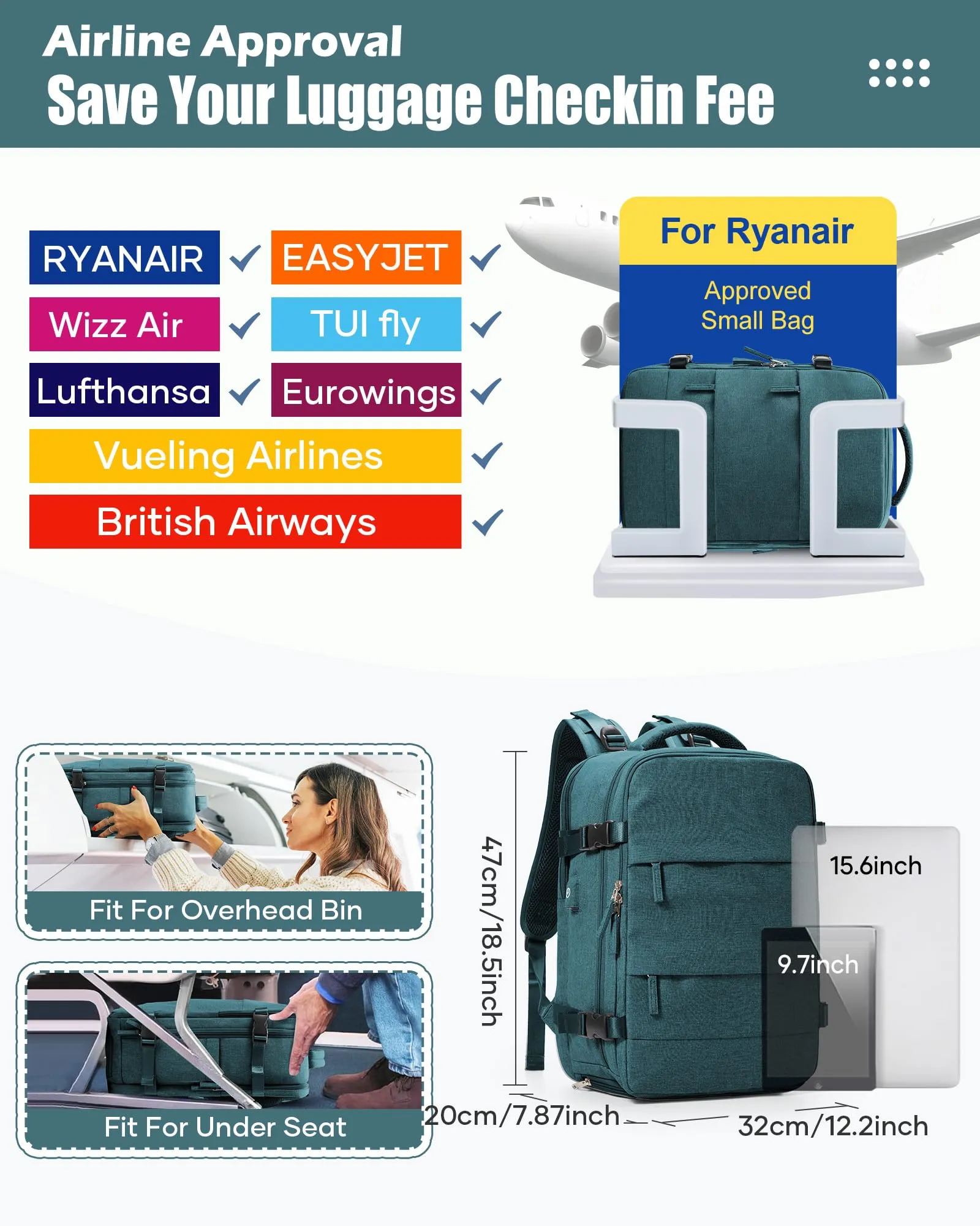 SZLX Zaino da Viaggio Sottovuoto con Pompa 40x30x20 Ryanair Wizzair Bagaglio a Mano Impermeabile con Scomparto Scarpe e Laptop 14 Pollici - immagine 4