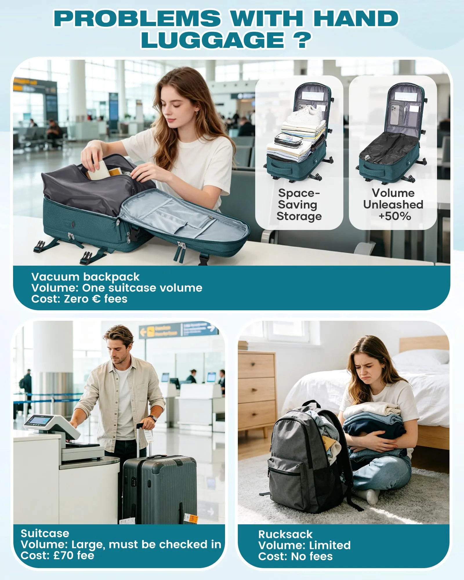 SZLX Zaino da Viaggio Sottovuoto con Pompa 40x30x20 Ryanair Wizzair Bagaglio a Mano Impermeabile con Scomparto Scarpe e Laptop 14 Pollici - immagine 7