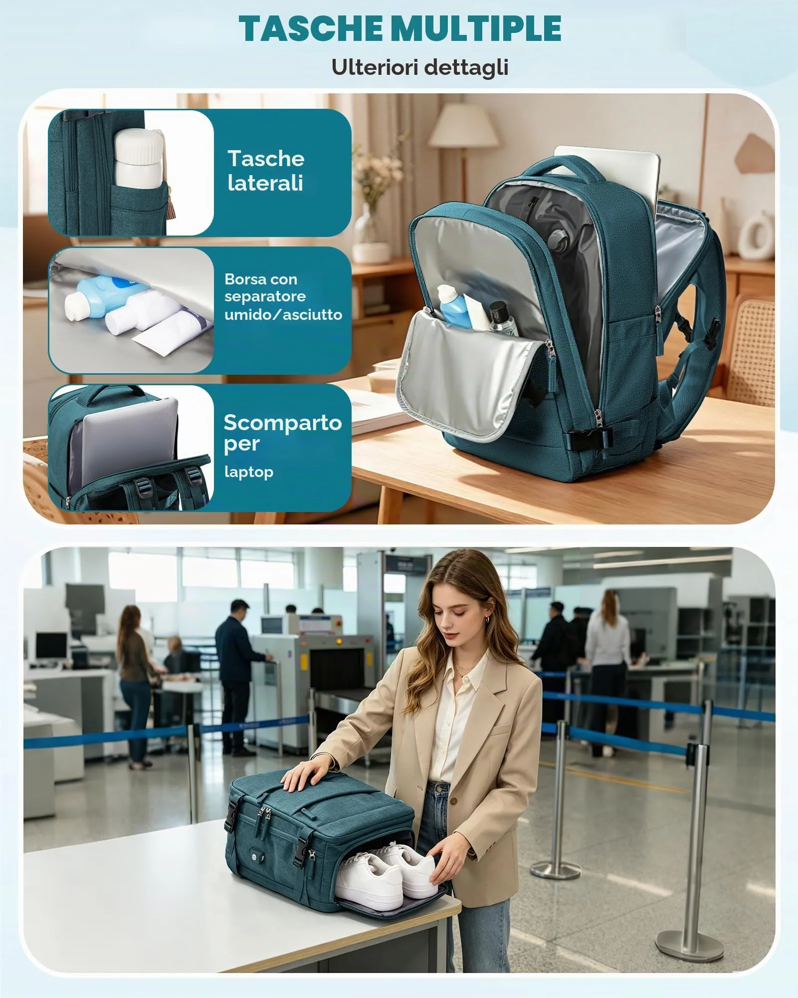 SZLX Zaino da Viaggio Sottovuoto con Pompa 40x30x20 Ryanair Wizzair Bagaglio a Mano Impermeabile con Scomparto Scarpe e Laptop 14 Pollici - immagine 8