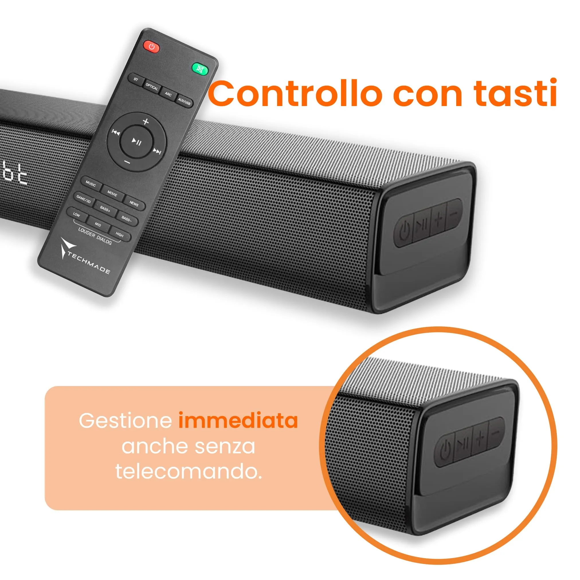 TECHMADE Soundbar TV 2.1 con Subwoofer Integrato, 80W, Bluetooth, HDMI ARC, AUX, Ottico - immagine 4