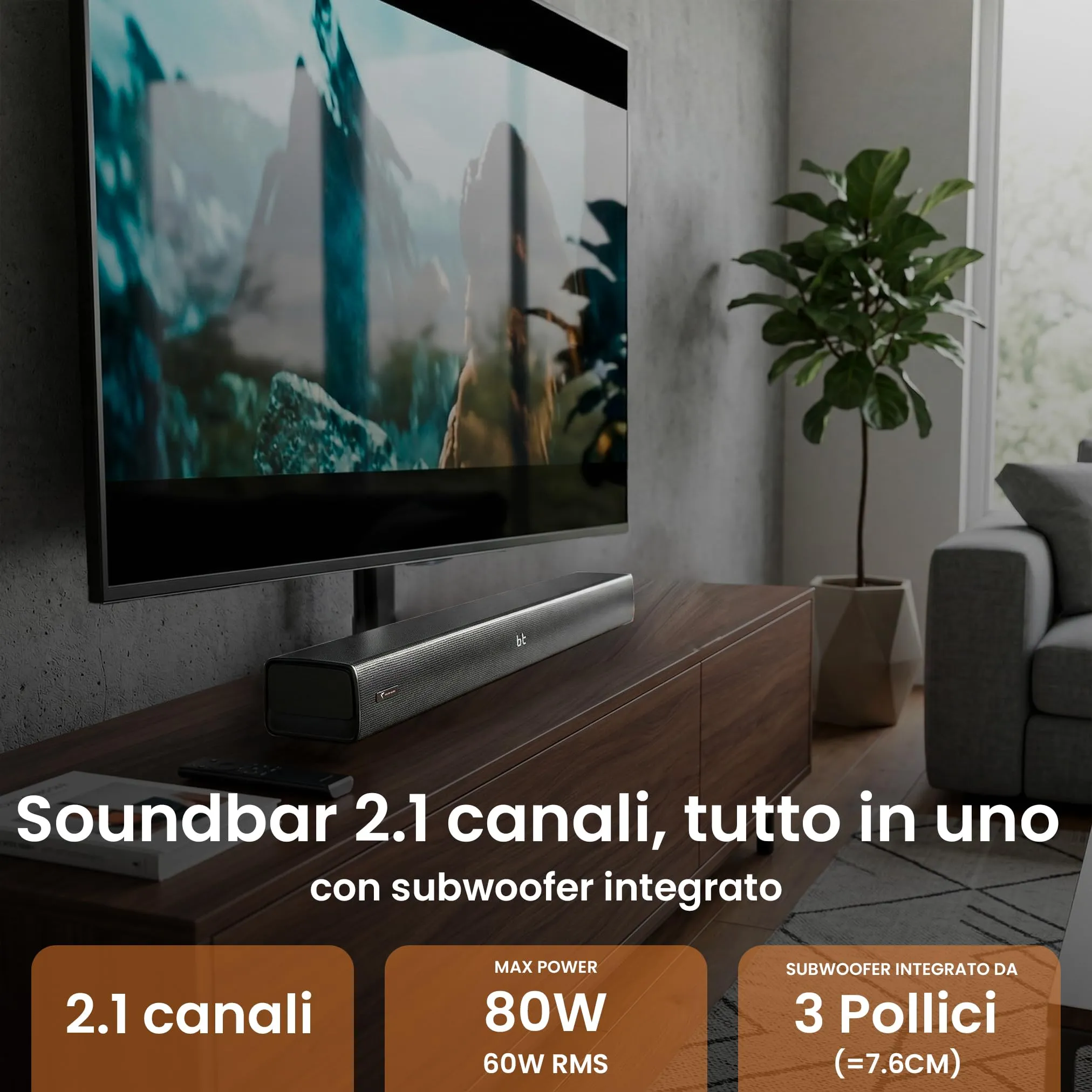 TECHMADE Soundbar TV 2.1 con Subwoofer Integrato, 80W, Bluetooth, HDMI ARC, AUX, Ottico - immagine 6